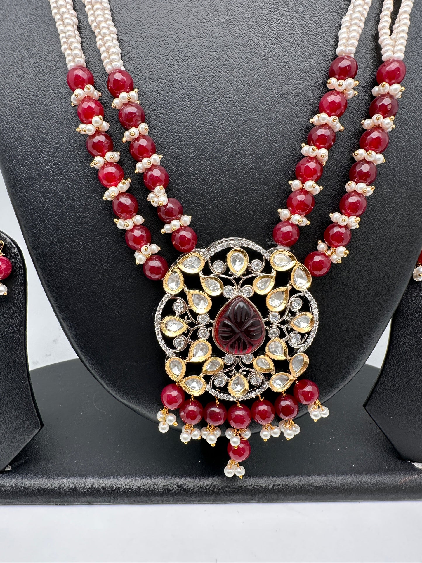 Kundan AD Red Stone Silver Finish Pendent Maroon Beads Mala