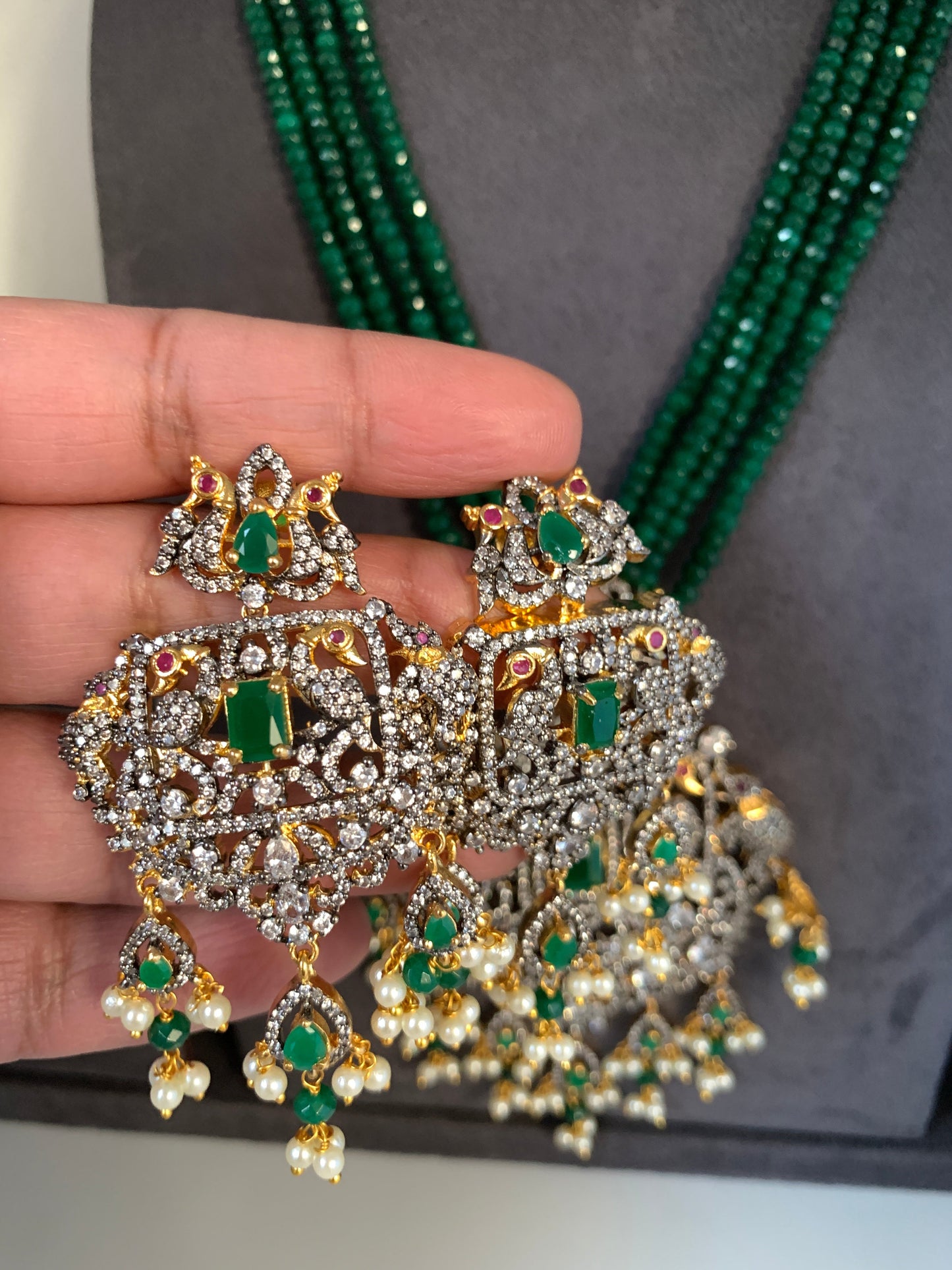 AD Green Stone Pendent Emerald Green Beads Long Mala