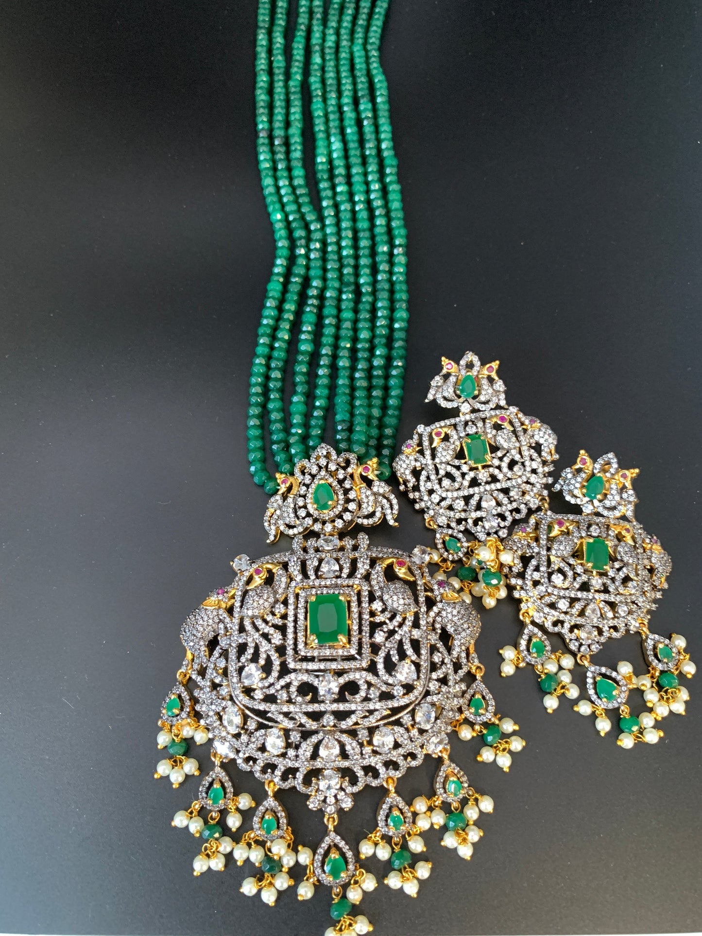 AD Green Stone Pendent Emerald Green Beads Long Mala