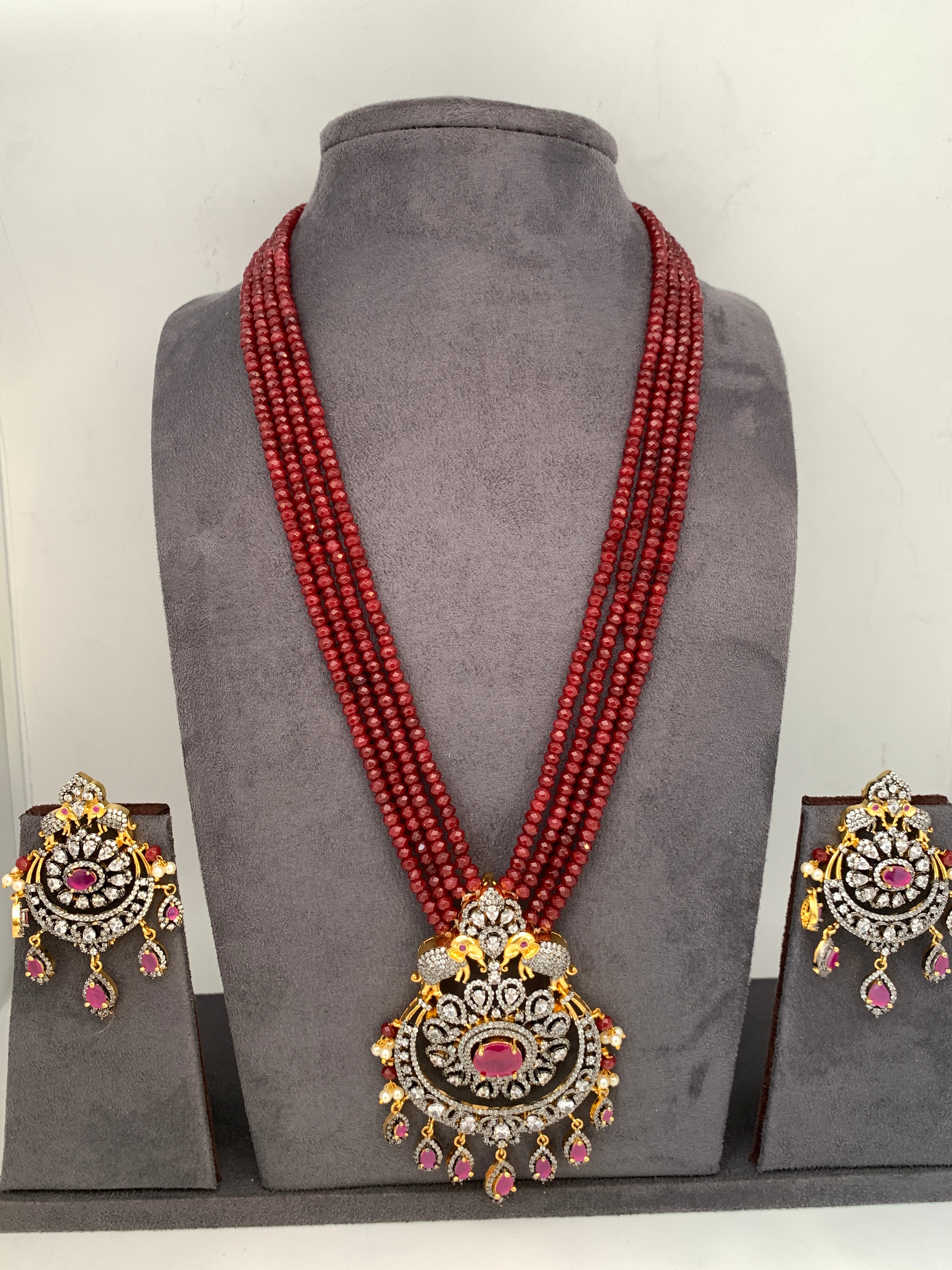 AD Red Stone Pendent Ruby Red Beads Long Mala – Sheetal's FabFashion