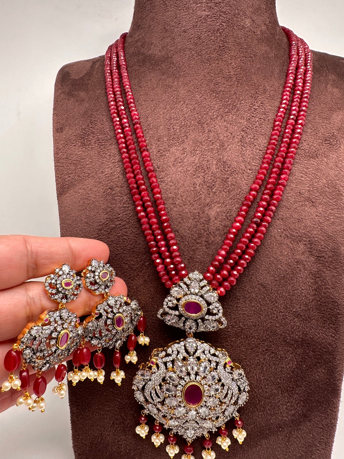 AD Red Stone Pendent Red Monalisa Beads Long Mala