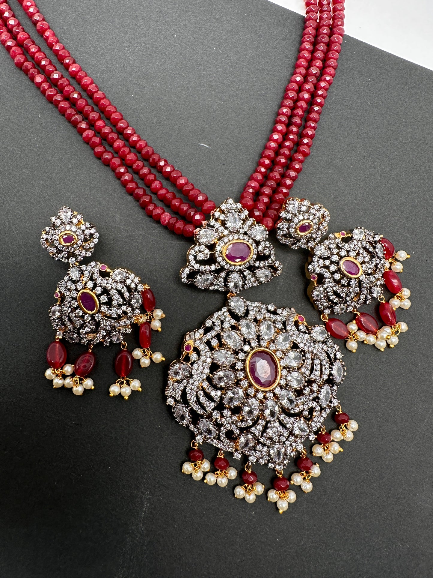 AD Red Stone Pendent Red Monalisa Beads Long Mala