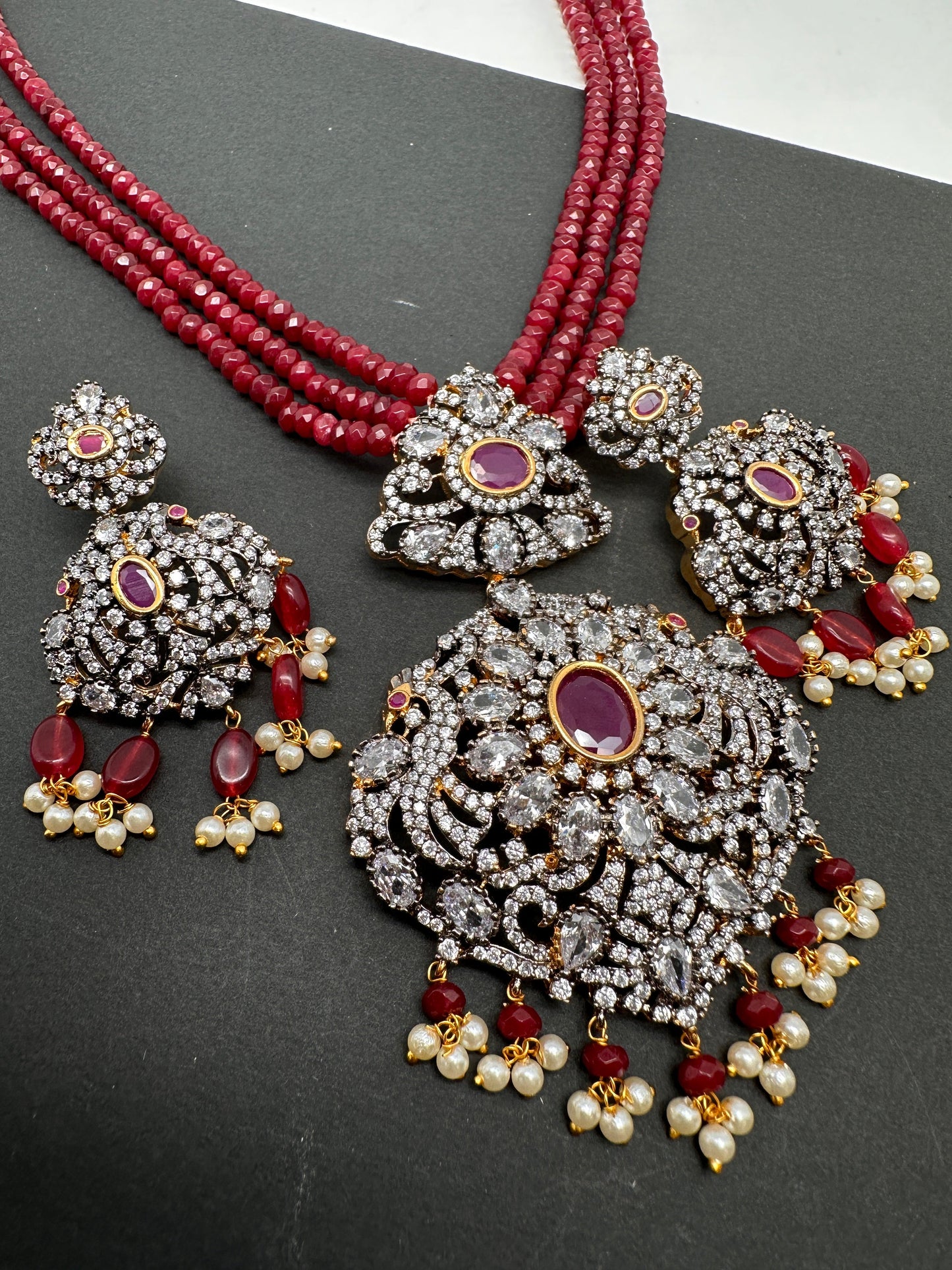 AD Red Stone Pendent Red Monalisa Beads Long Mala
