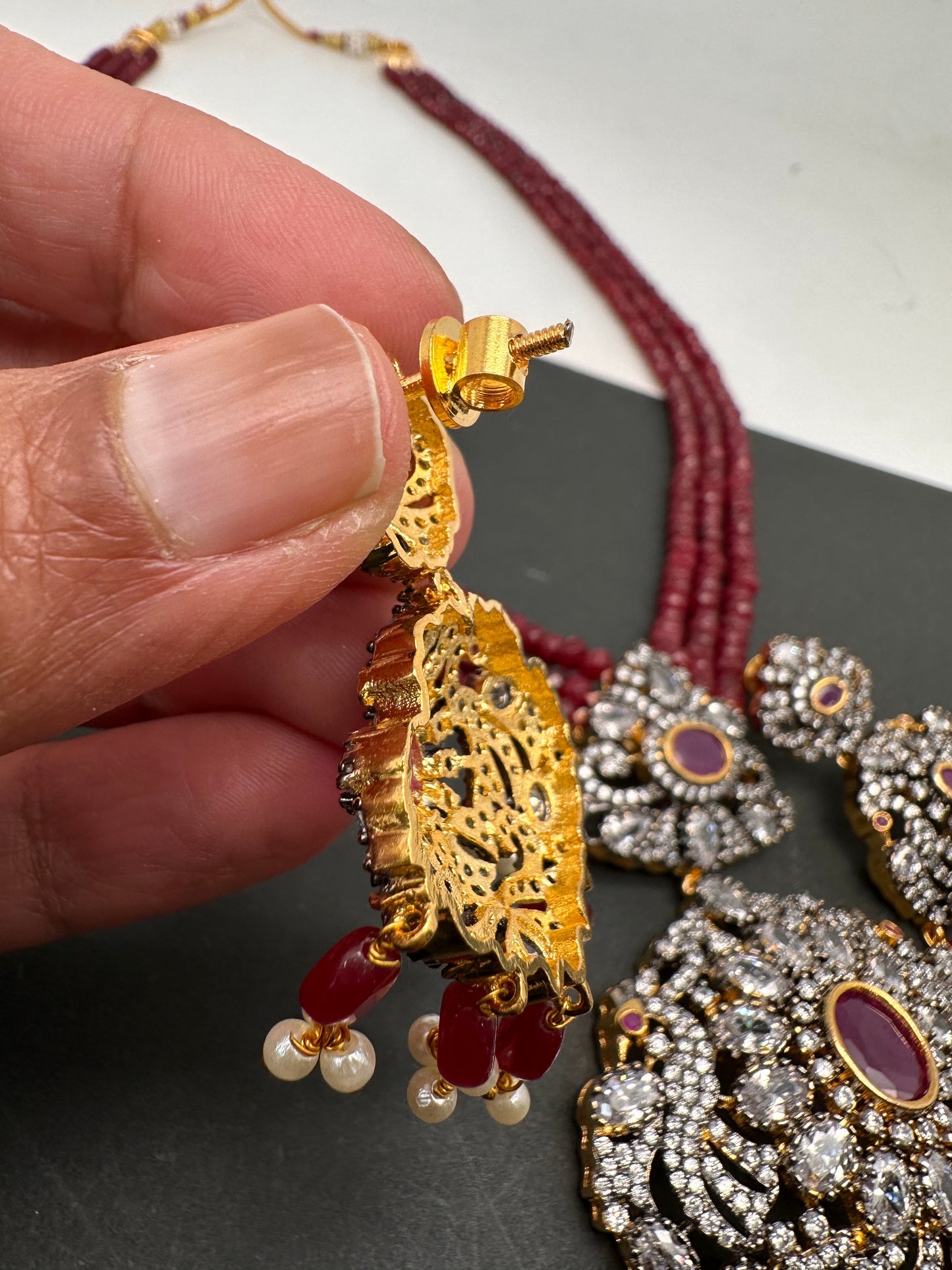 AD Red Stone Pendent Red Monalisa Beads Long Mala