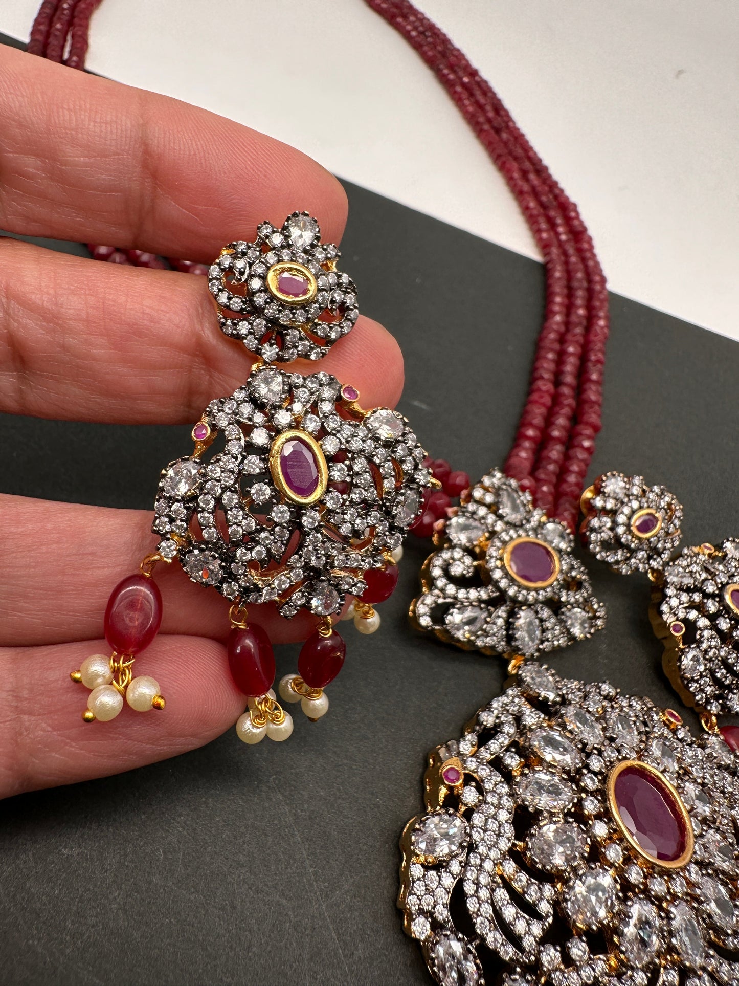 AD Red Stone Pendent Red Monalisa Beads Long Mala