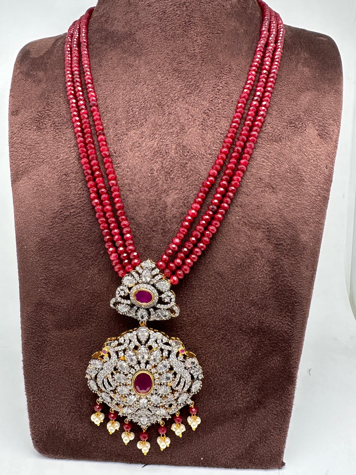 AD Red Stone Pendent Red Monalisa Beads Long Mala