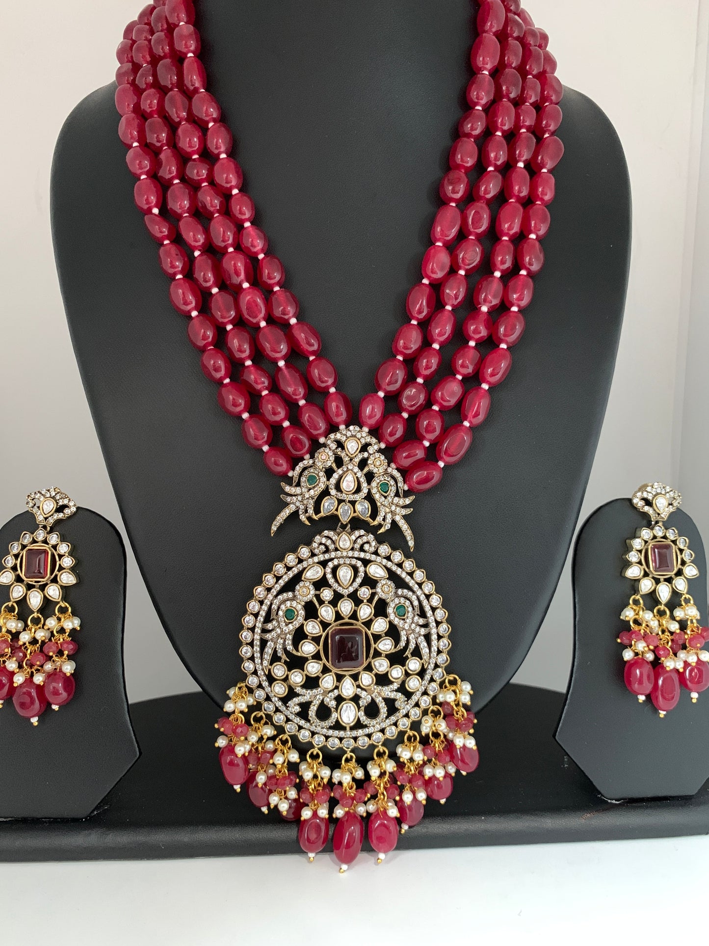 AD Red Stone Kundan Pendent Red Monalisa Beads Long Mala