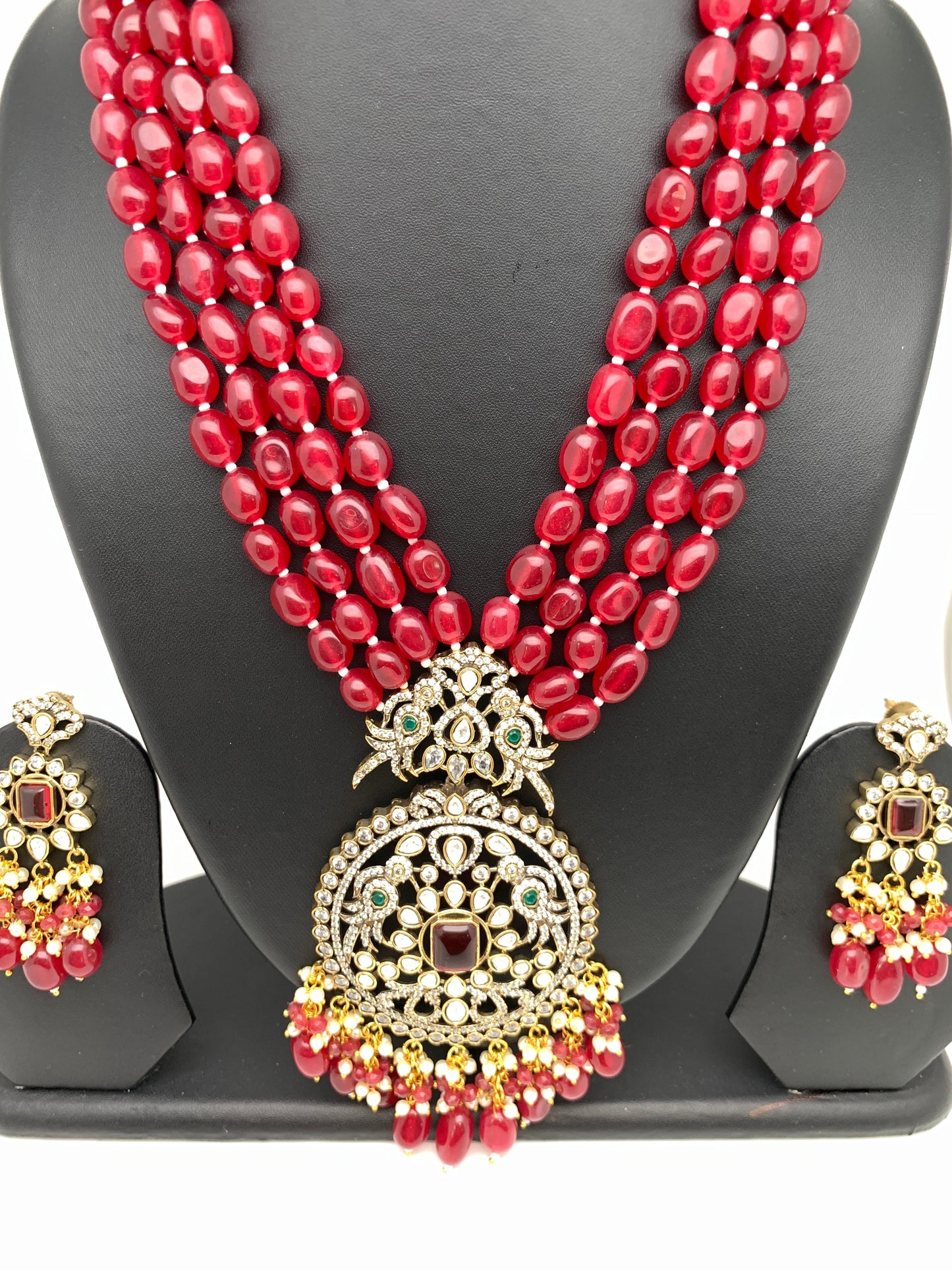 AD Red Stone Kundan Pendent Red Monalisa Beads Long Mala