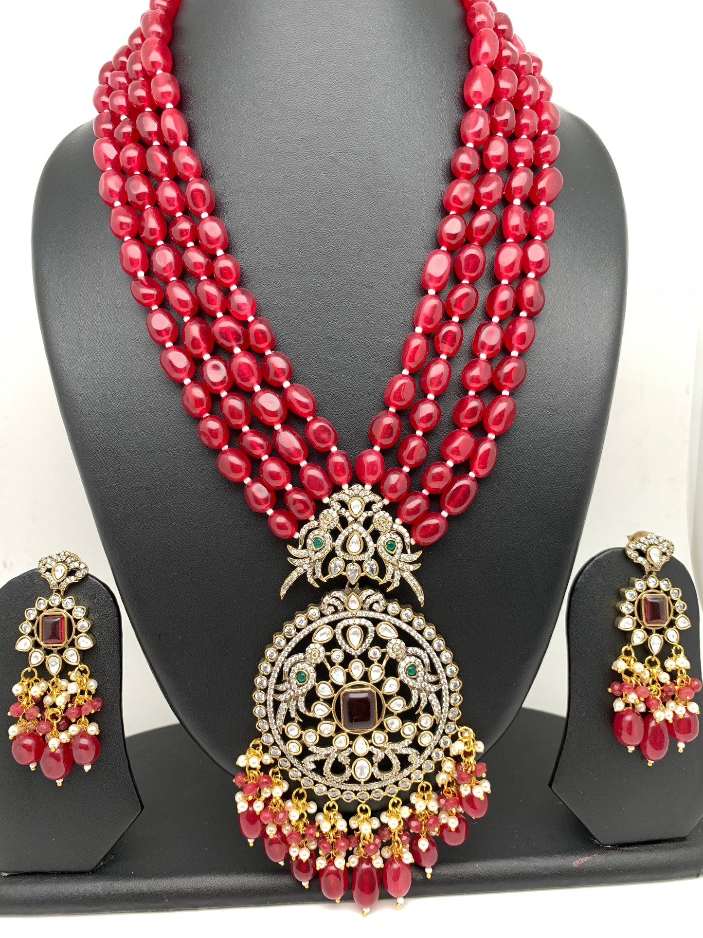 AD Red Stone Kundan Pendent Red Monalisa Beads Long Mala
