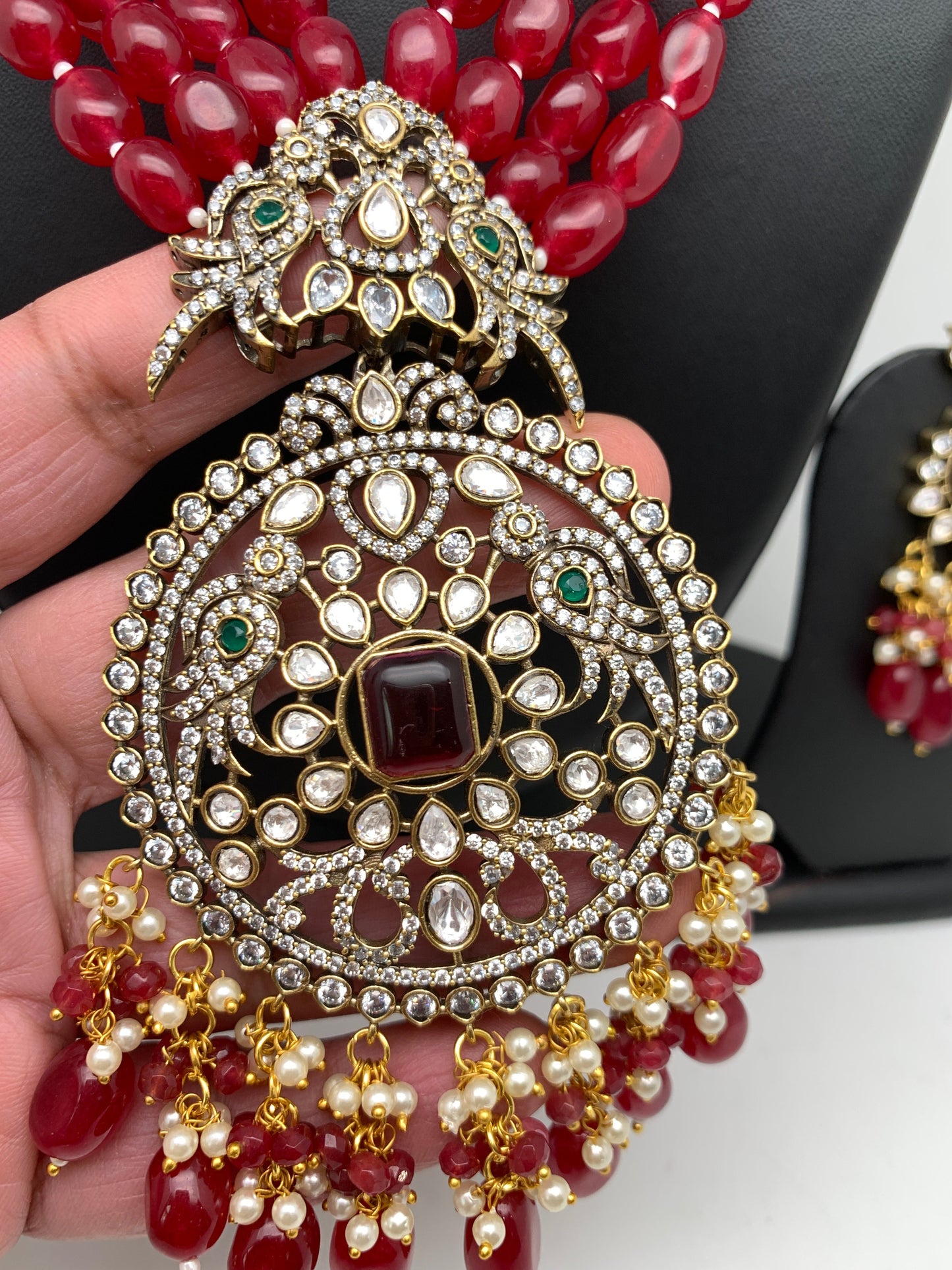 AD Red Stone Kundan Pendent Red Monalisa Beads Long Mala