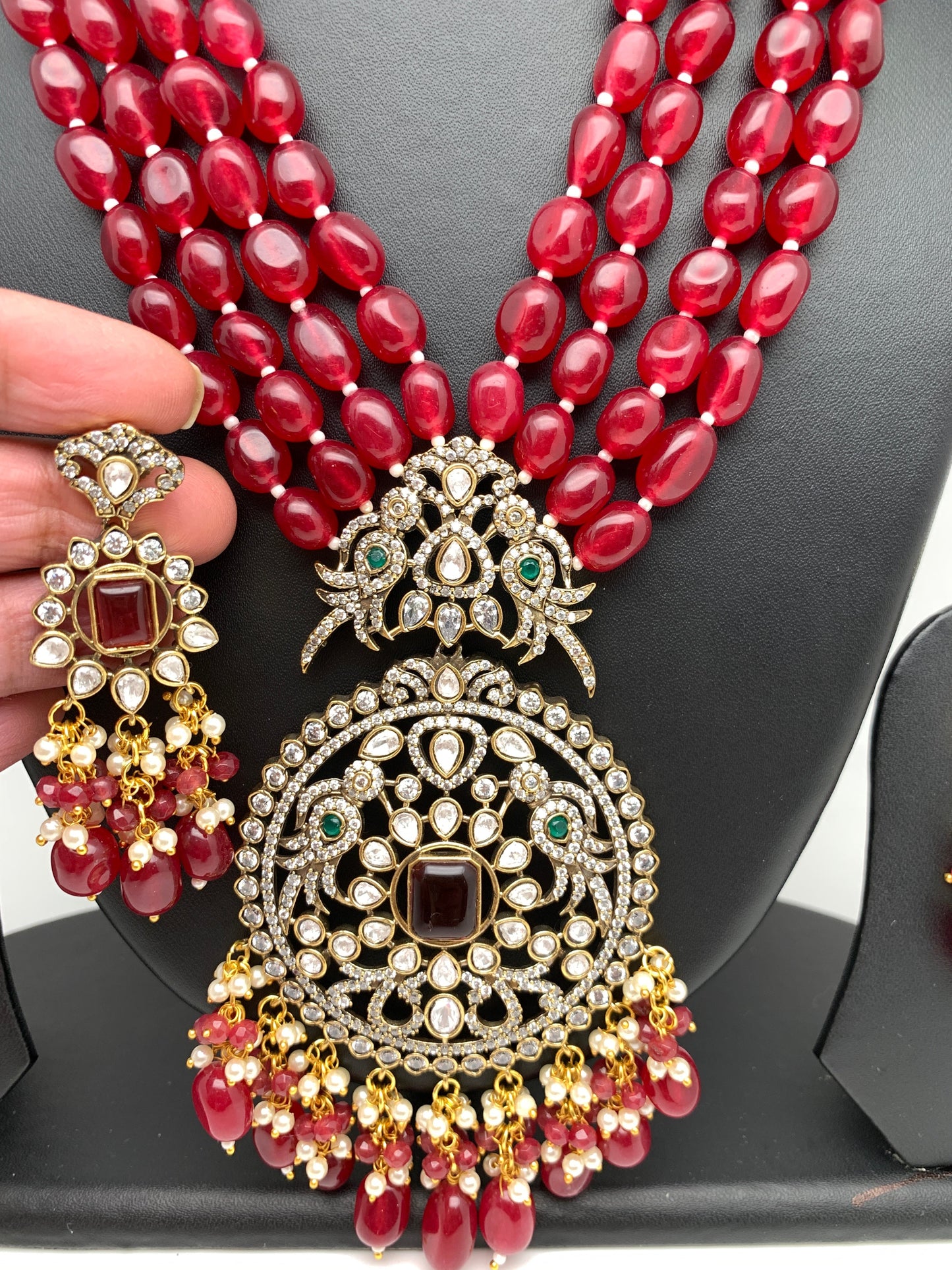 AD Red Stone Kundan Pendent Red Monalisa Beads Long Mala