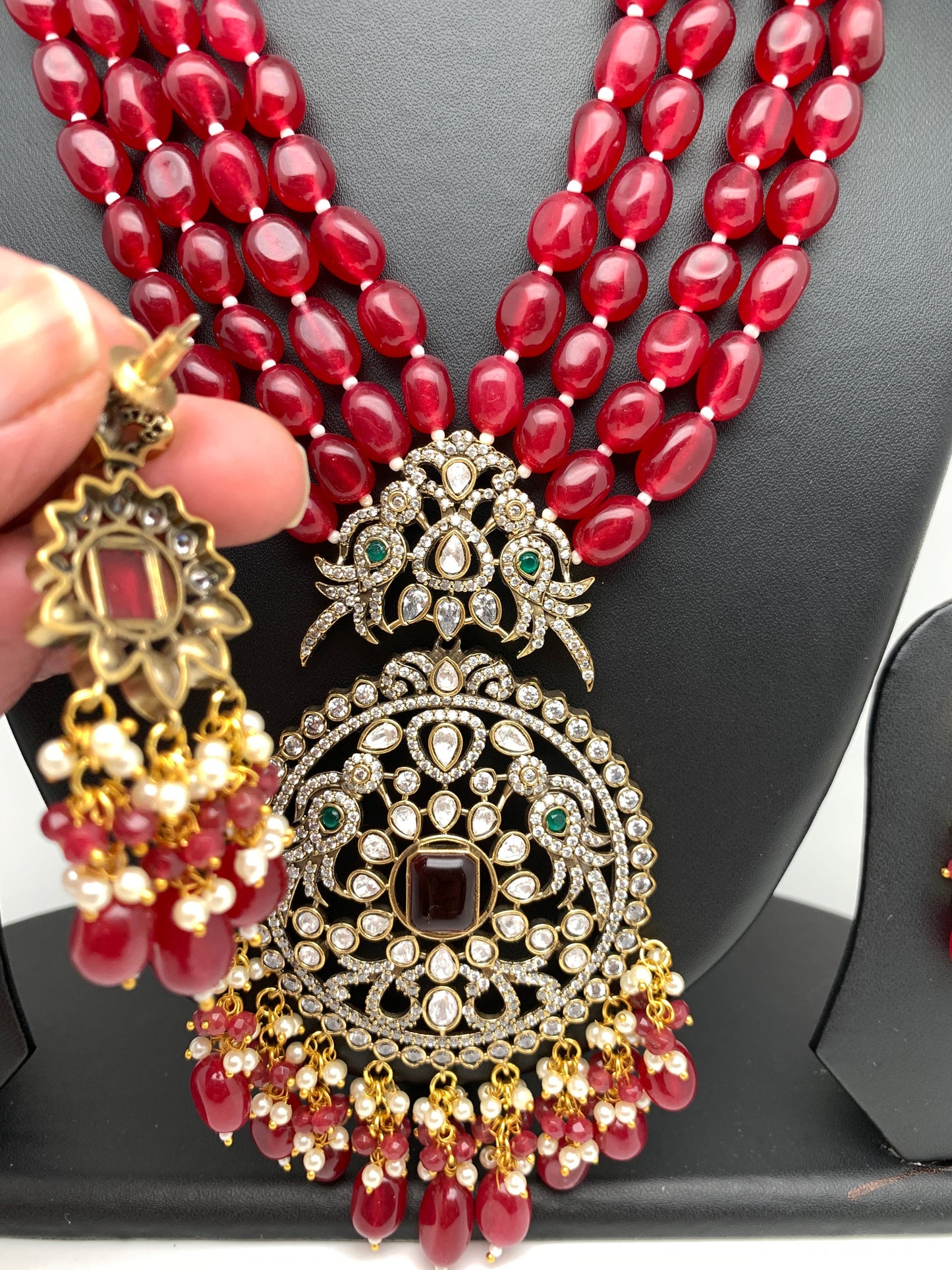 AD Red Stone Kundan Pendent Red Monalisa Beads Long Mala