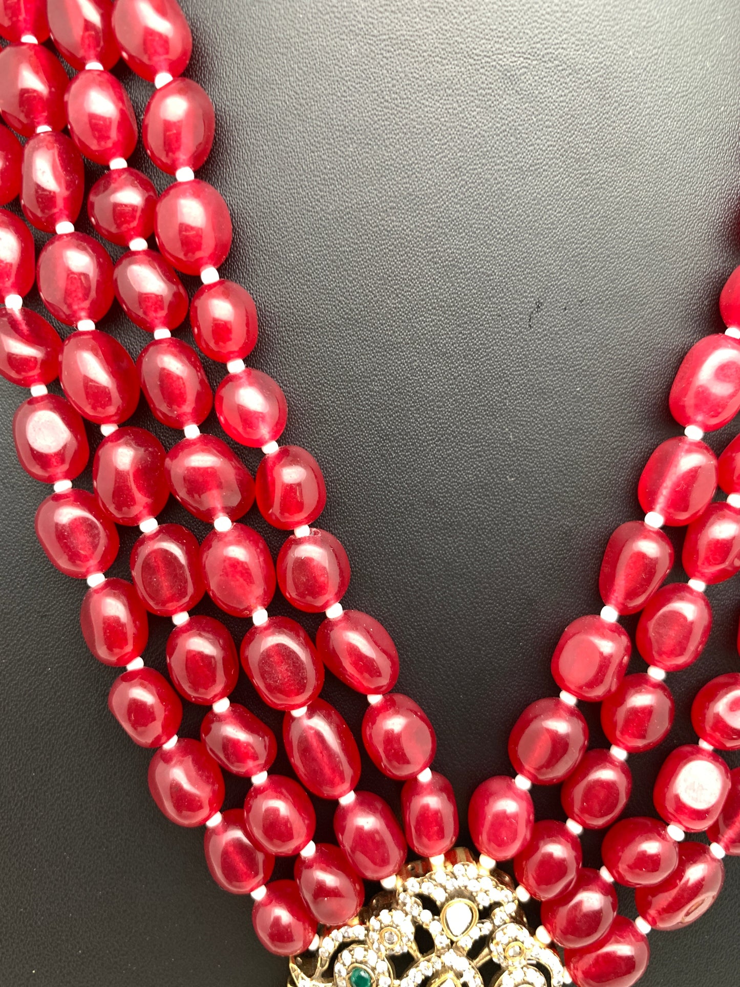 AD Red Stone Kundan Pendent Red Monalisa Beads Long Mala