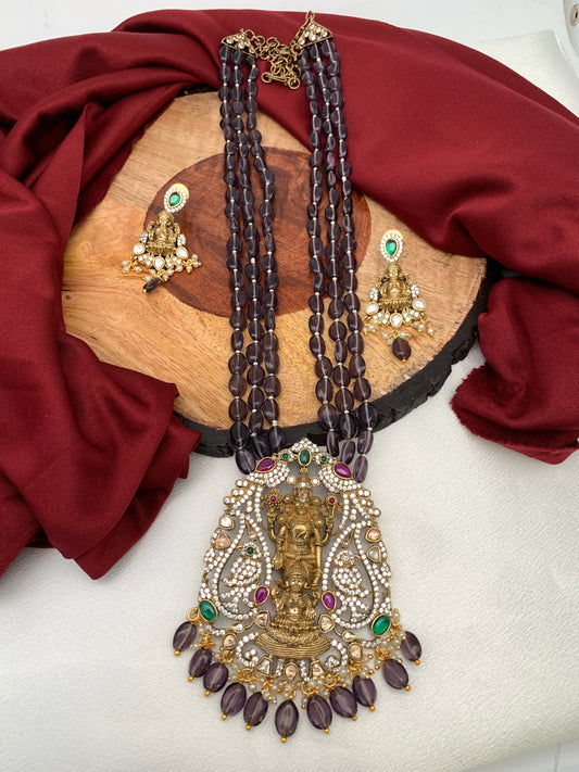 Goddess Lakshmi Balaji Pendent Purple Beads Long Mala