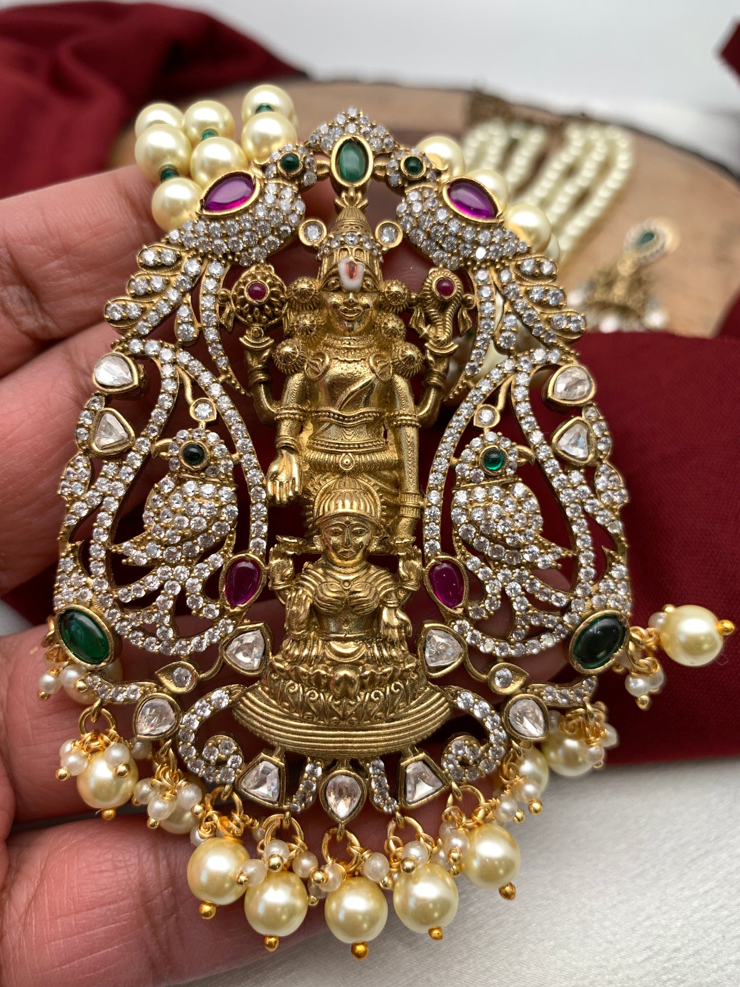 Goddess Lakshmi Balaji Pendent Pearl Beads Long Mala