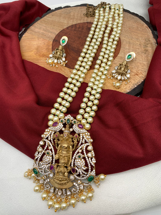 Goddess Lakshmi Balaji Pendent Pearl Beads Long Mala