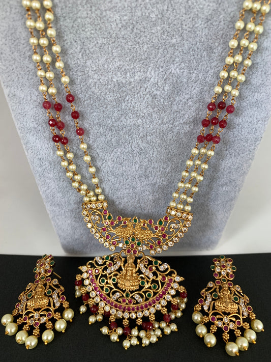 Goddess Lakshmi AD Red  Stone Pearls Long Mala