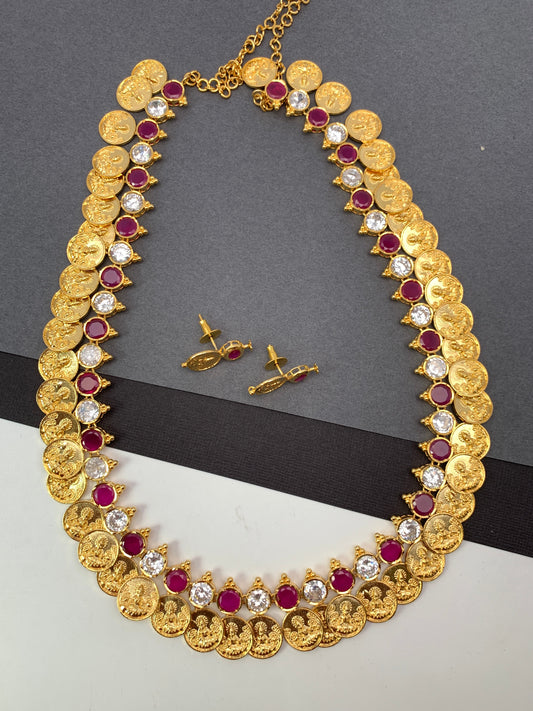CZ Red Stone Goddess Lakshmi Coin Kasa Mala