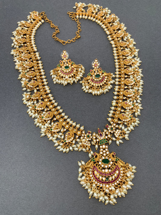 CZ Red Green Multi Stone Peacock Design Rice Pearls Guttapusalu