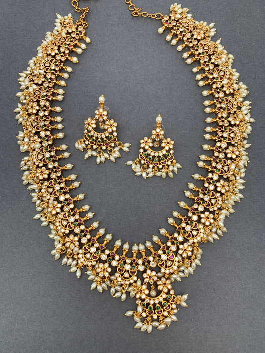 CZ Red Green Multi Stone Rice Pearls Guttapusalu