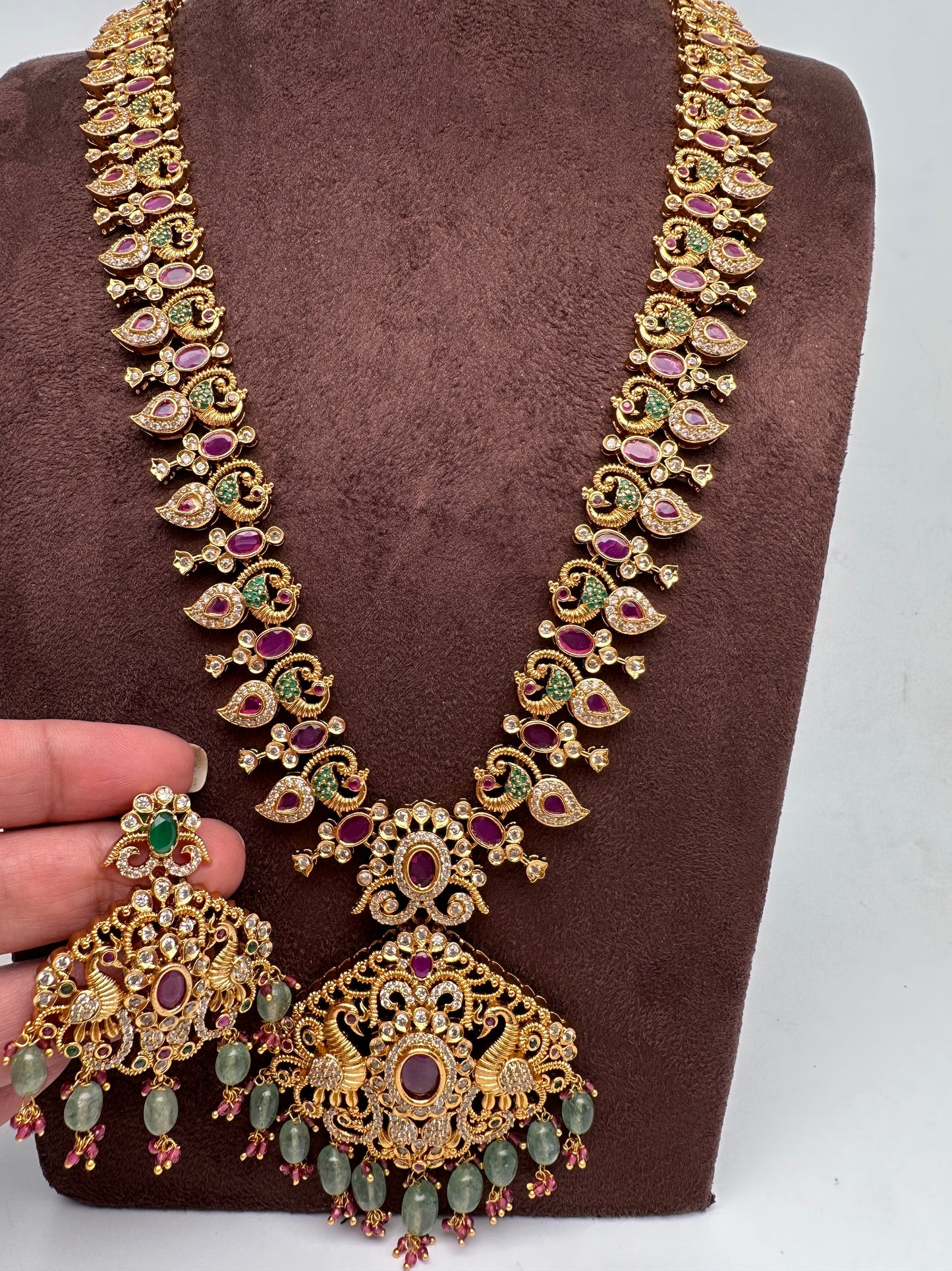 Mango Peacock Design CZ Matte Finish Ethnic Necklace