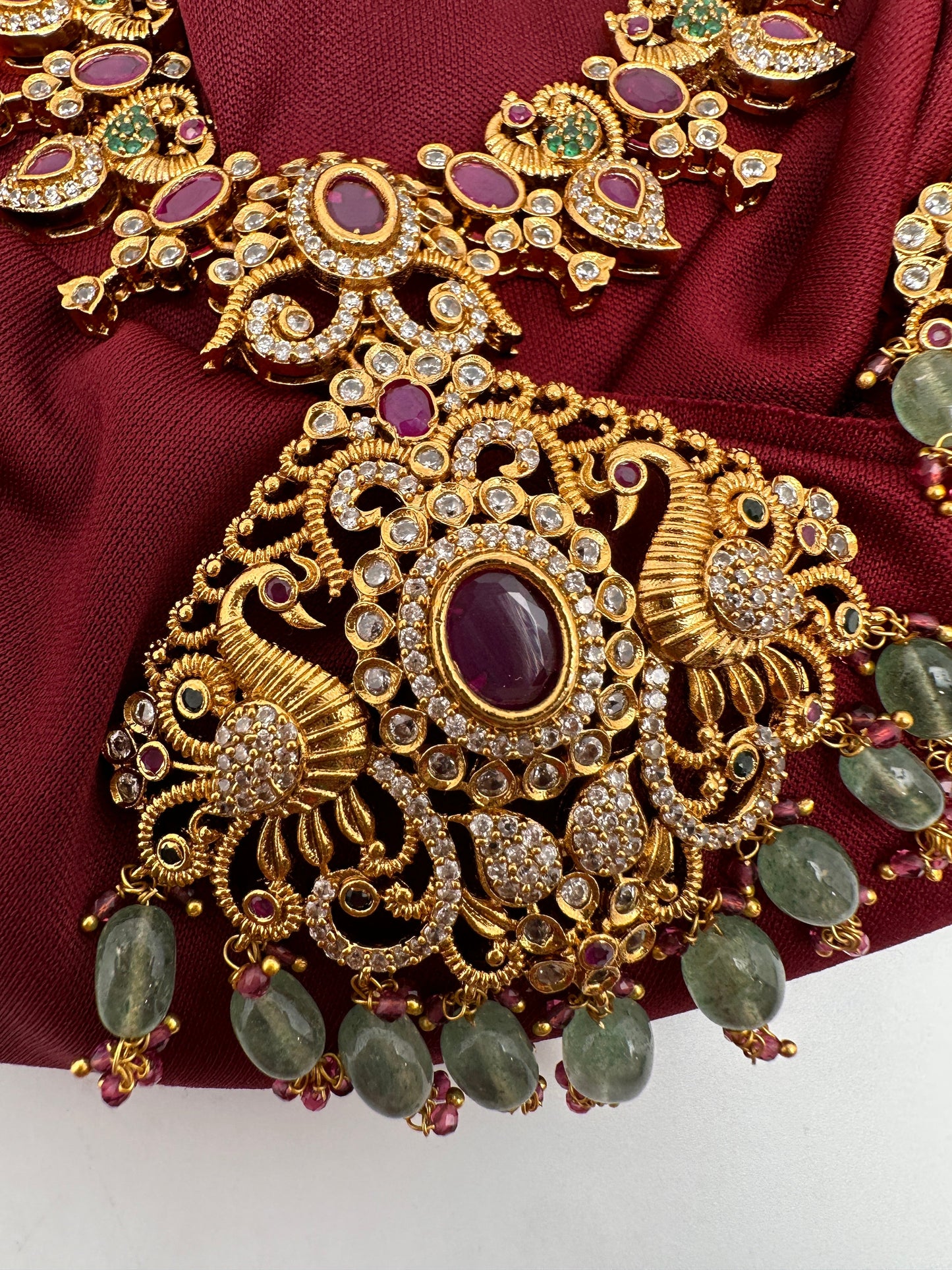 Mango Peacock Design CZ Matte Finish Ethnic Necklace