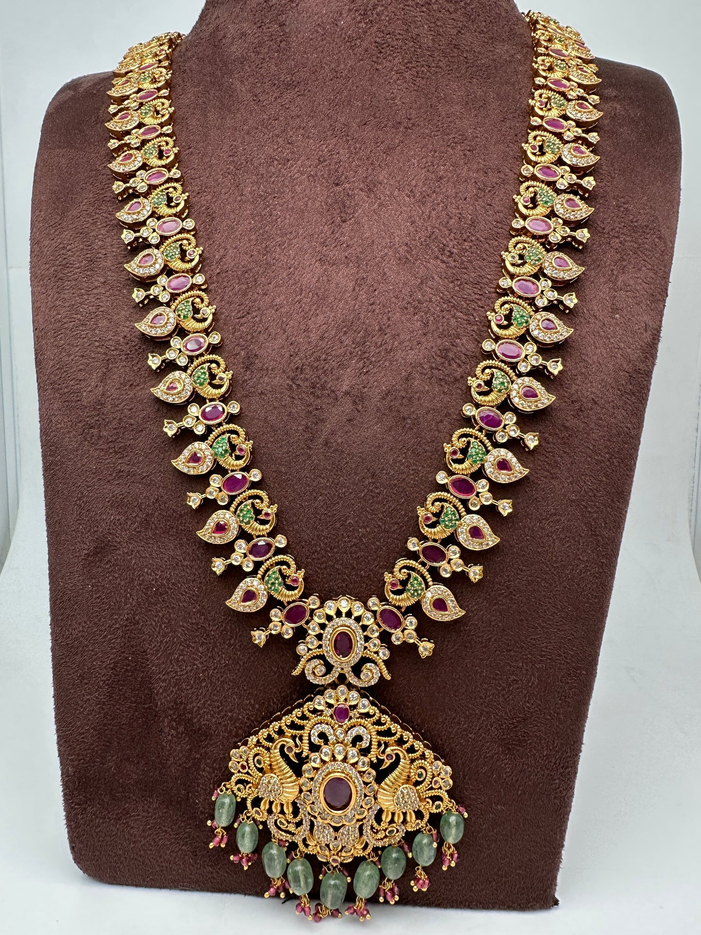 Mango Peacock Design CZ Matte Finish Ethnic Necklace