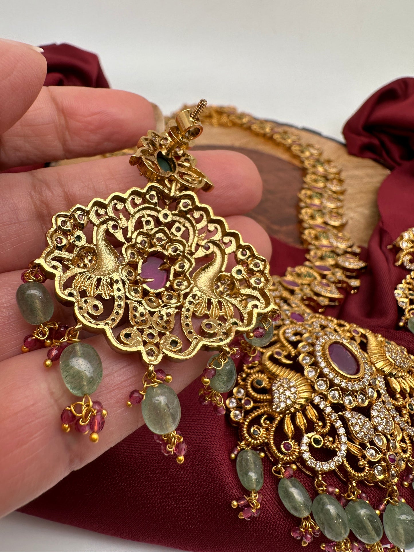 Mango Peacock Design CZ Matte Finish Ethnic Necklace