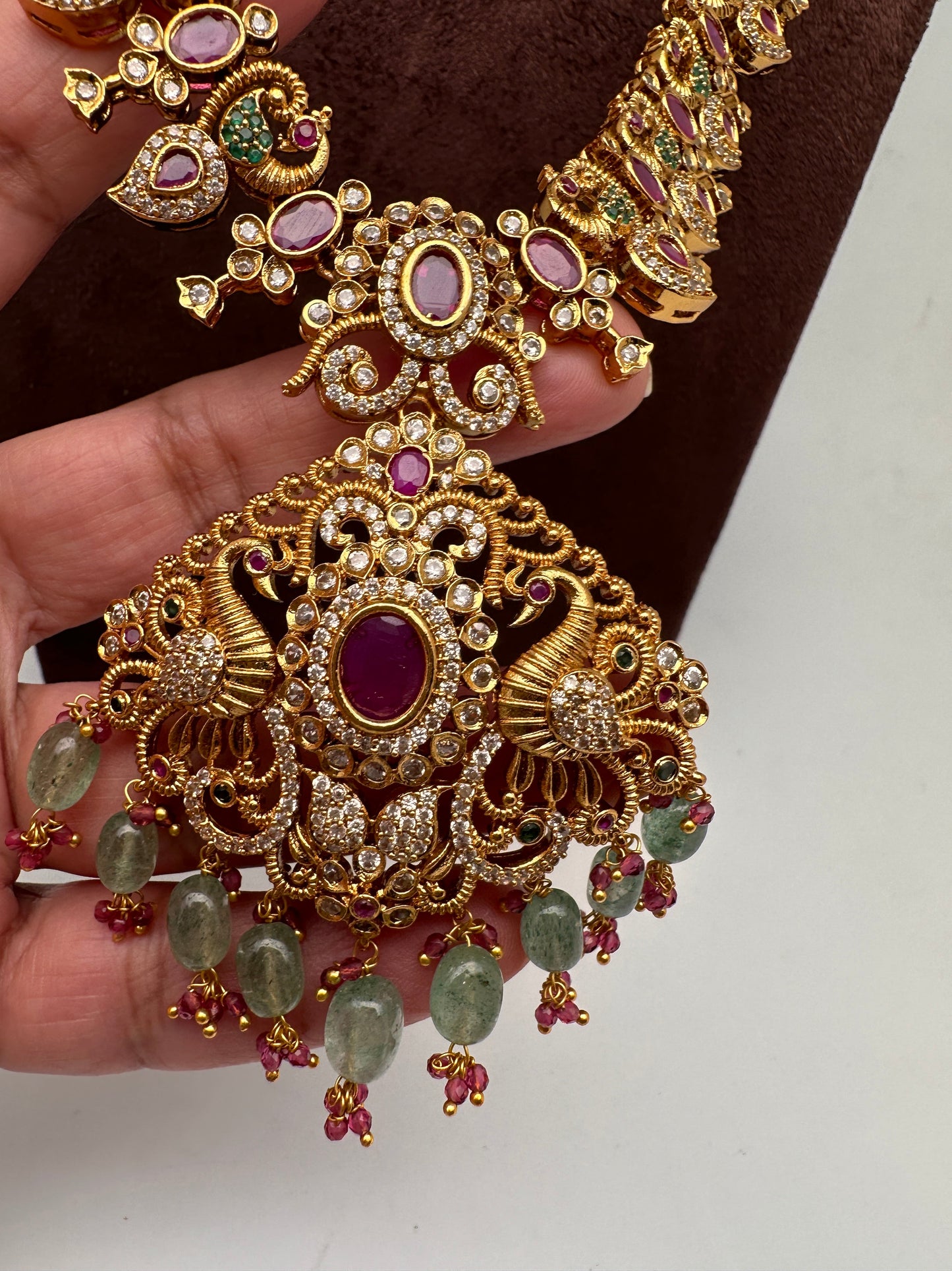 Mango Peacock Design CZ Matte Finish Ethnic Necklace