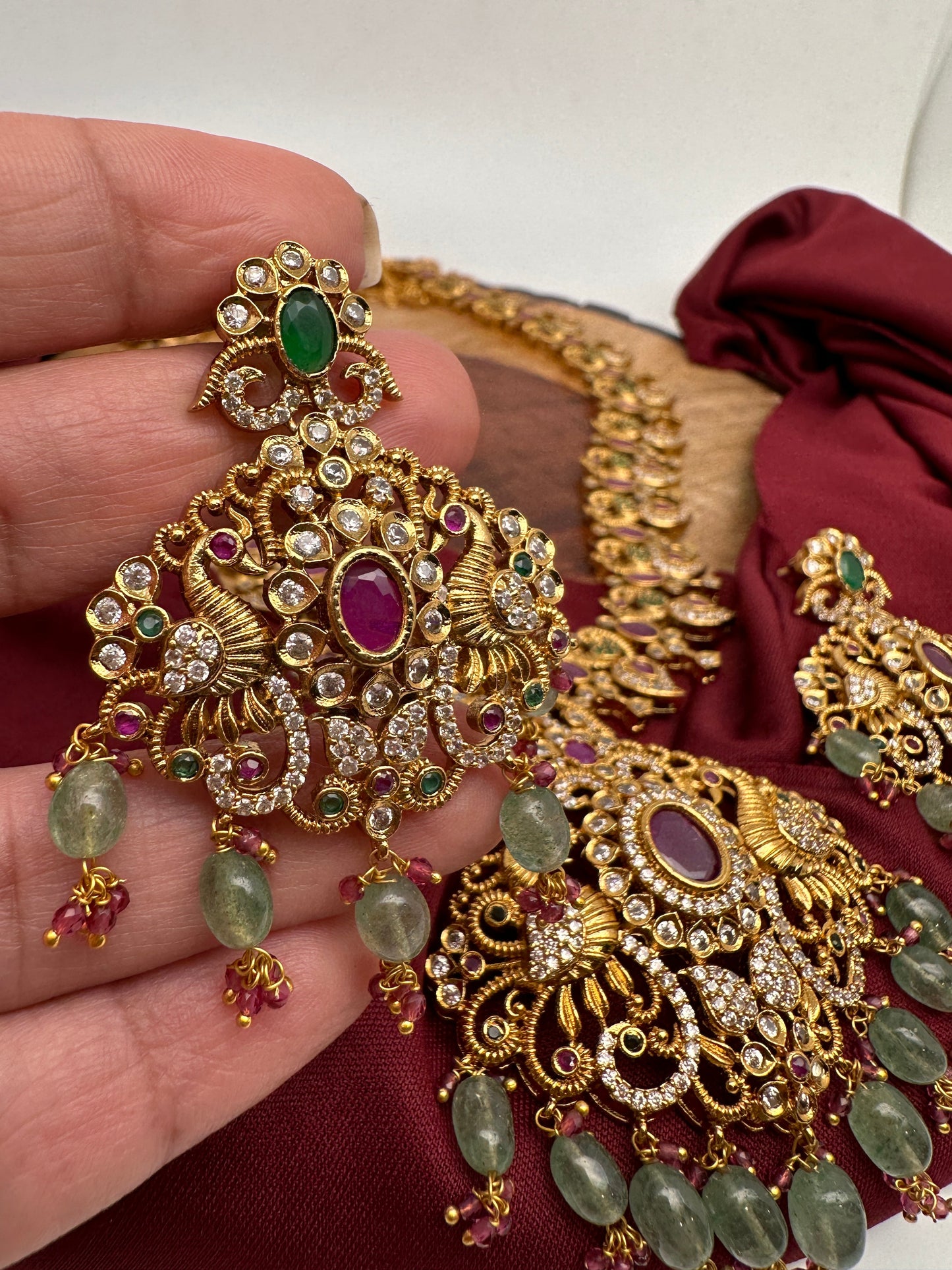 Mango Peacock Design CZ Matte Finish Ethnic Necklace
