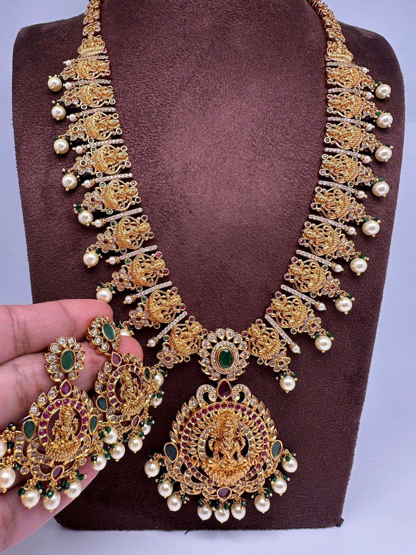 Goddess Lakshmi Links Green Stone CZ Matte Finish Necklace