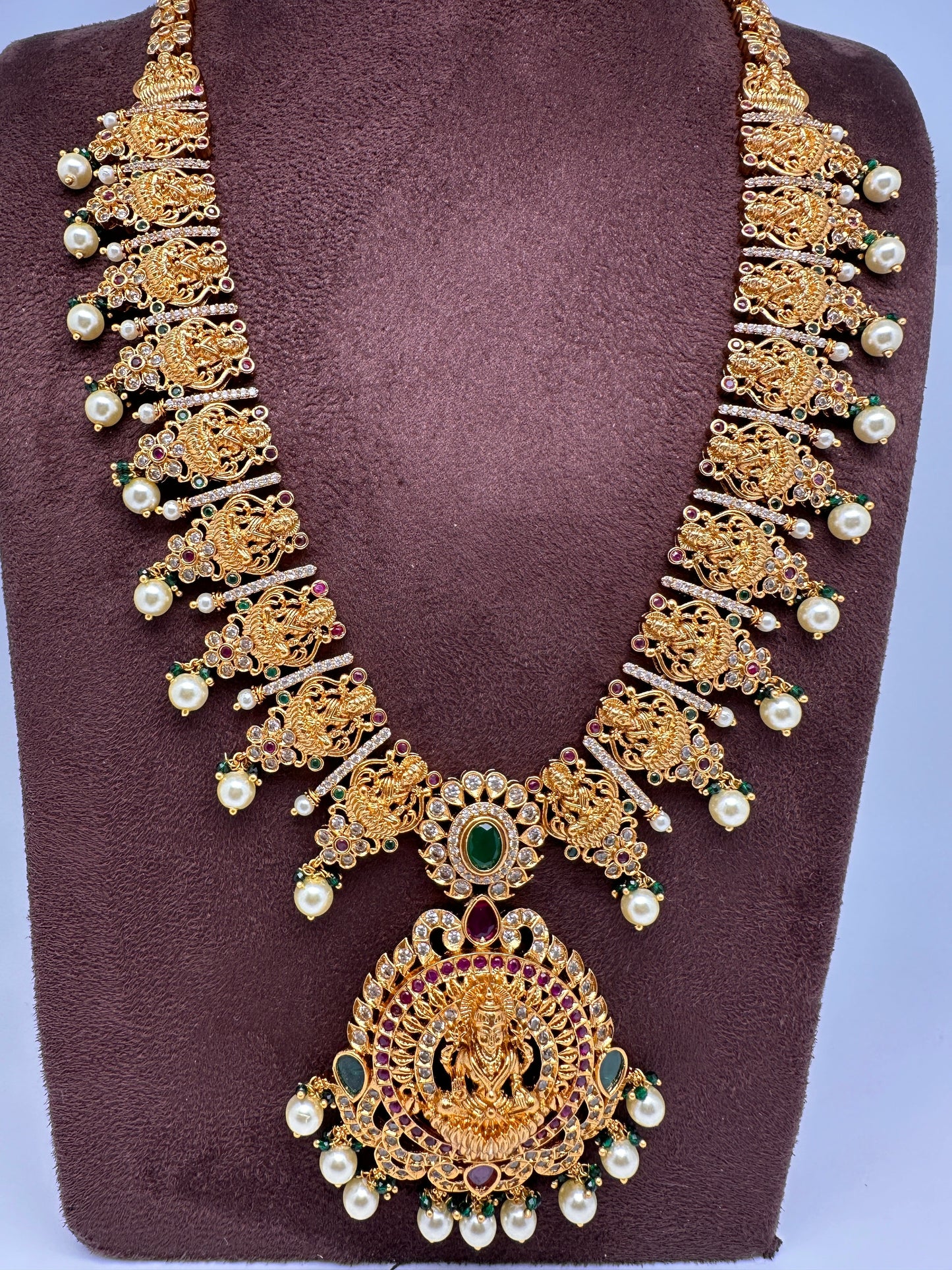 Goddess Lakshmi Links Green Stone CZ Matte Finish Necklace