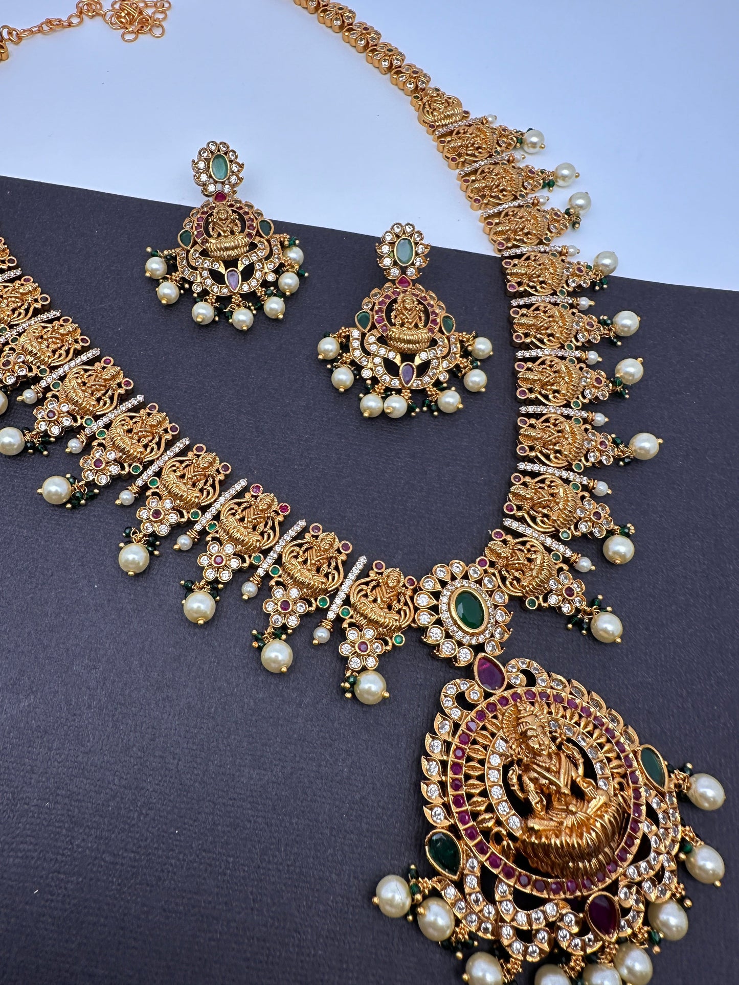 Goddess Lakshmi Links Green Stone CZ Matte Finish Necklace