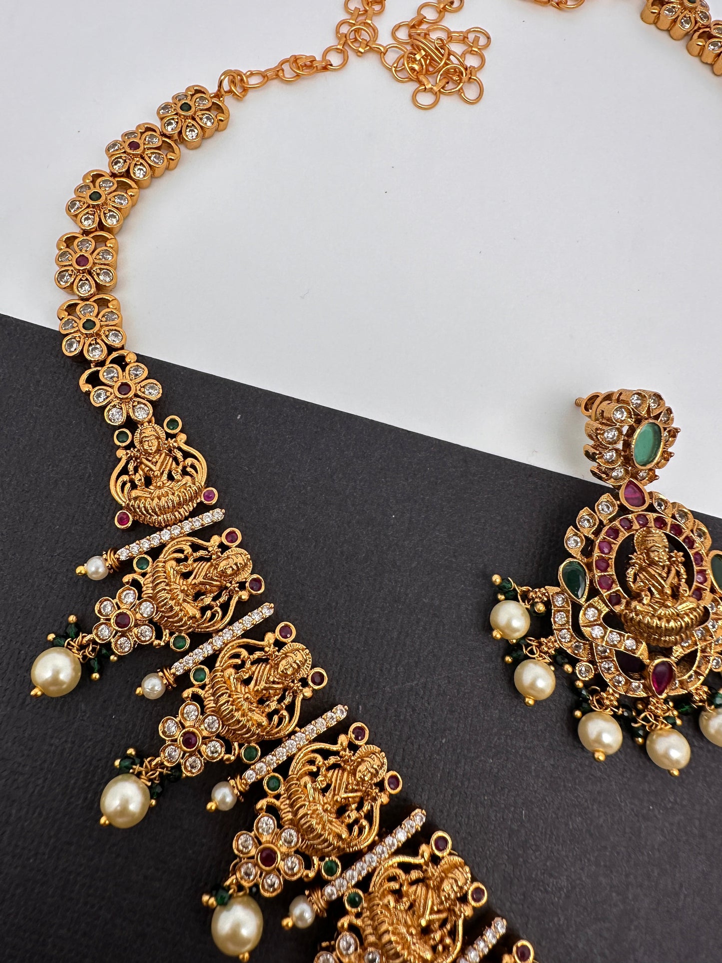 Goddess Lakshmi Links Green Stone CZ Matte Finish Necklace