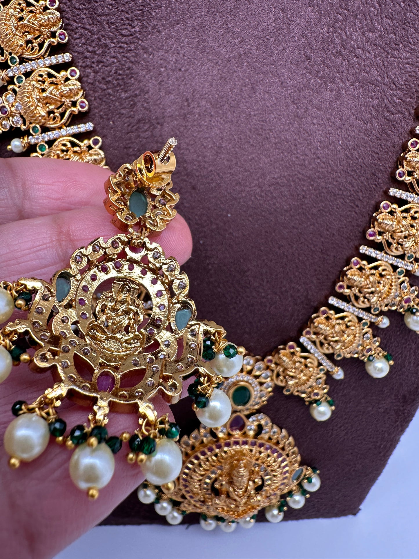 Goddess Lakshmi Links Green Stone CZ Matte Finish Necklace