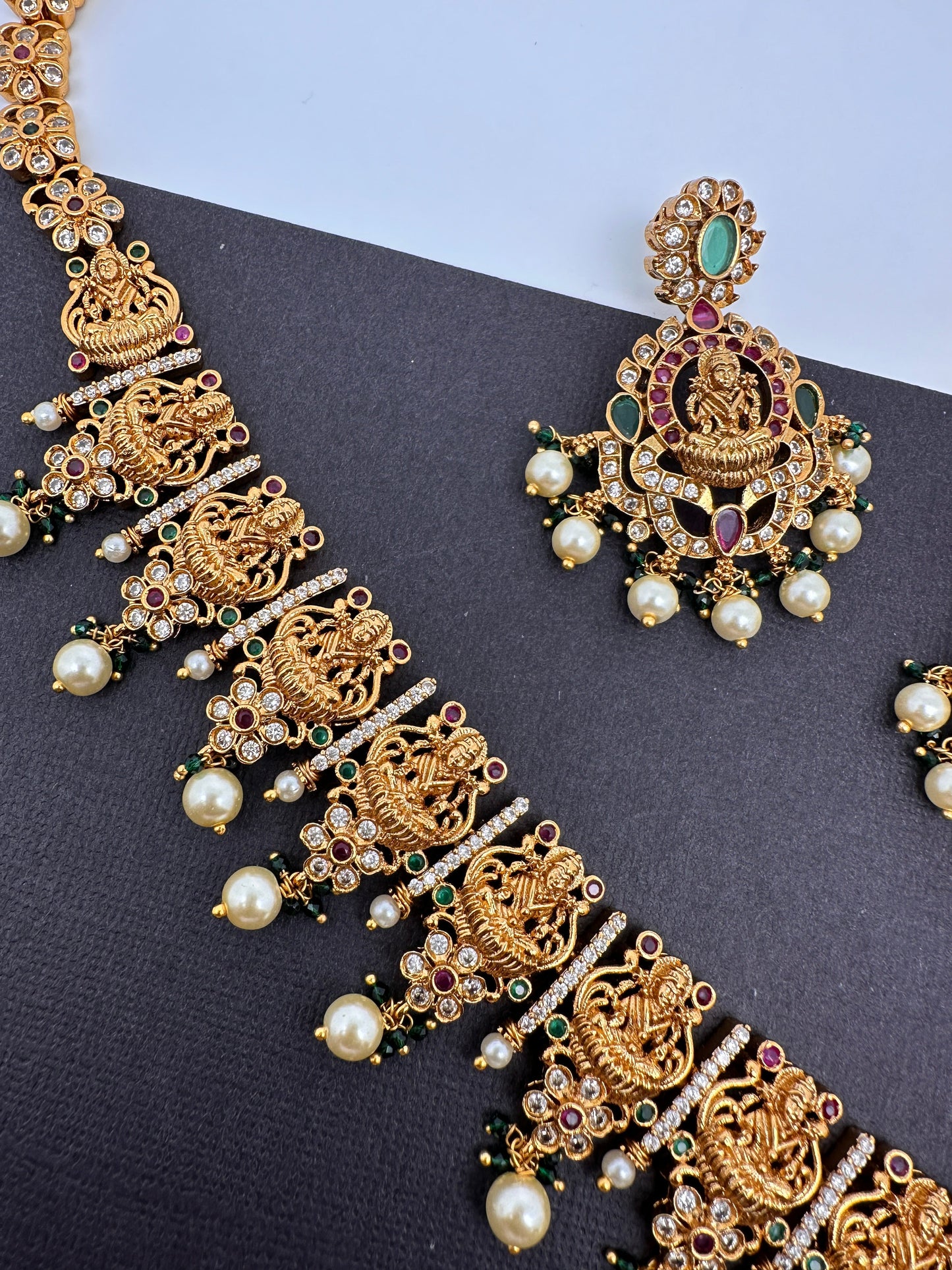 Goddess Lakshmi Links Green Stone CZ Matte Finish Necklace