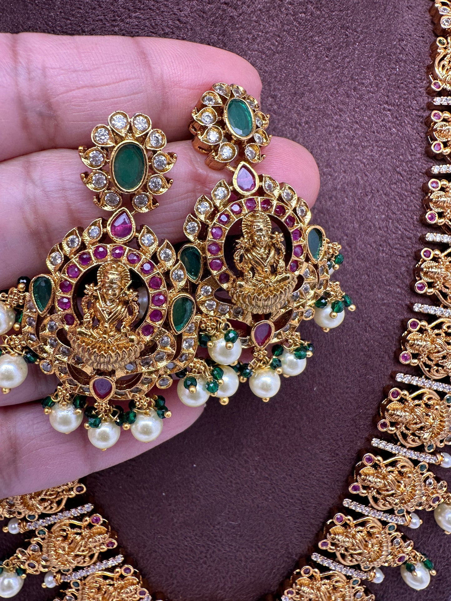 Goddess Lakshmi Links Green Stone CZ Matte Finish Necklace