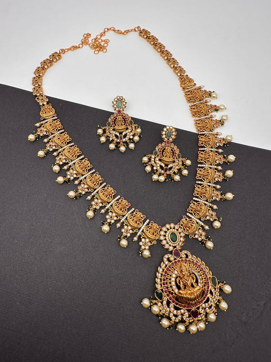 Goddess Lakshmi Links Green Stone CZ Matte Finish Necklace