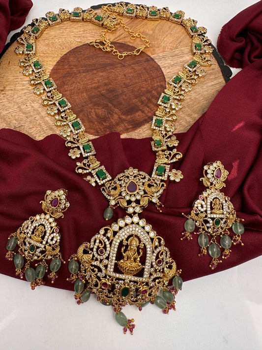 Goddess Lakshmi Green Stone Green beads CZ Matte Finish Necklace