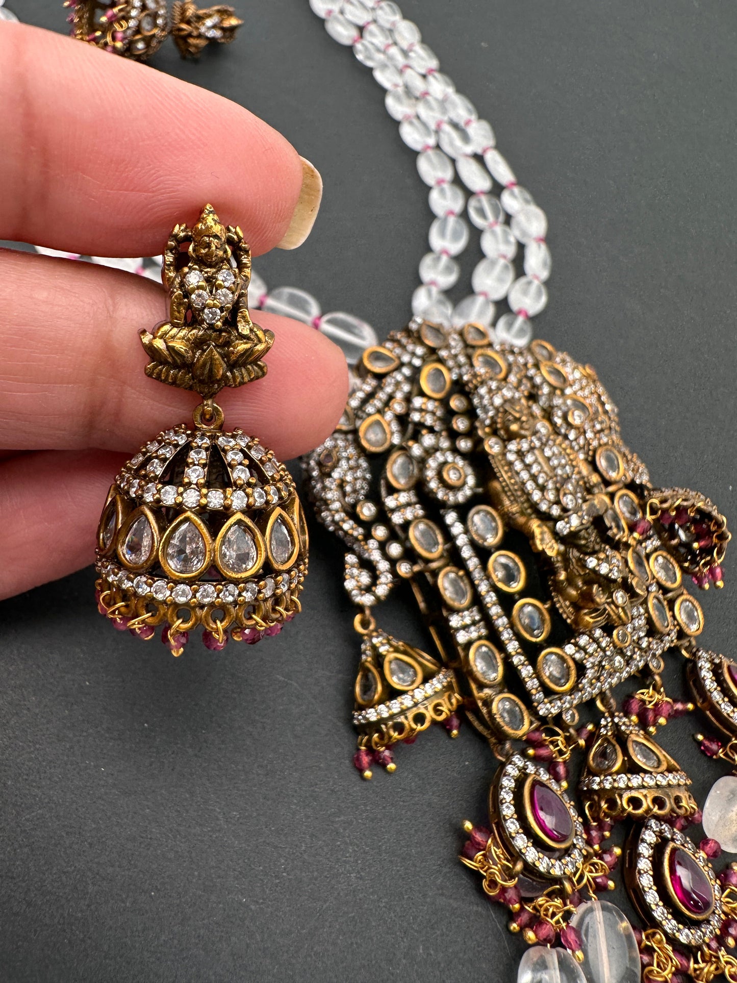 Goddess Lakshmi Balaji Antique Victorian Finish White Beads Rani haar