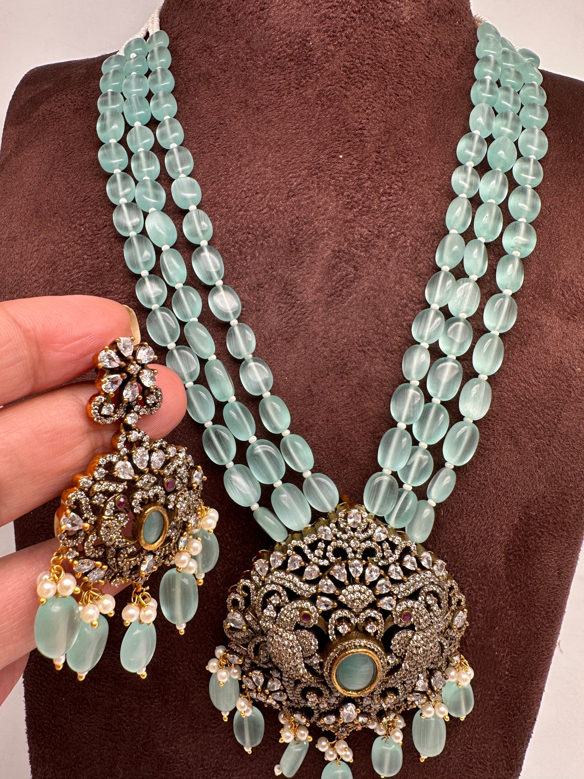 Polki Antique Victorian Finish Beads Rani haar - LightGreen