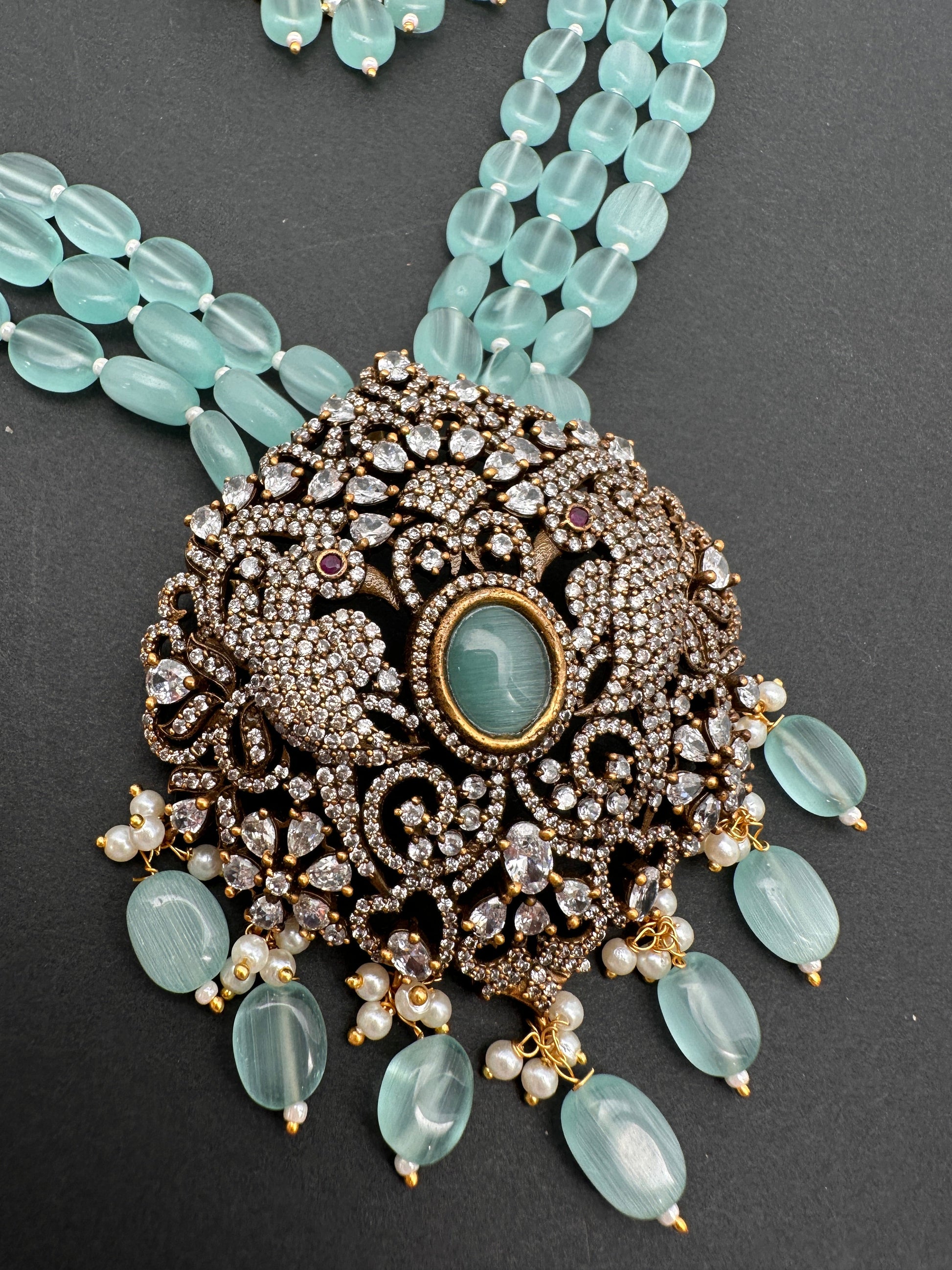 Polki Antique Victorian Finish Beads Rani haar - LightGreen