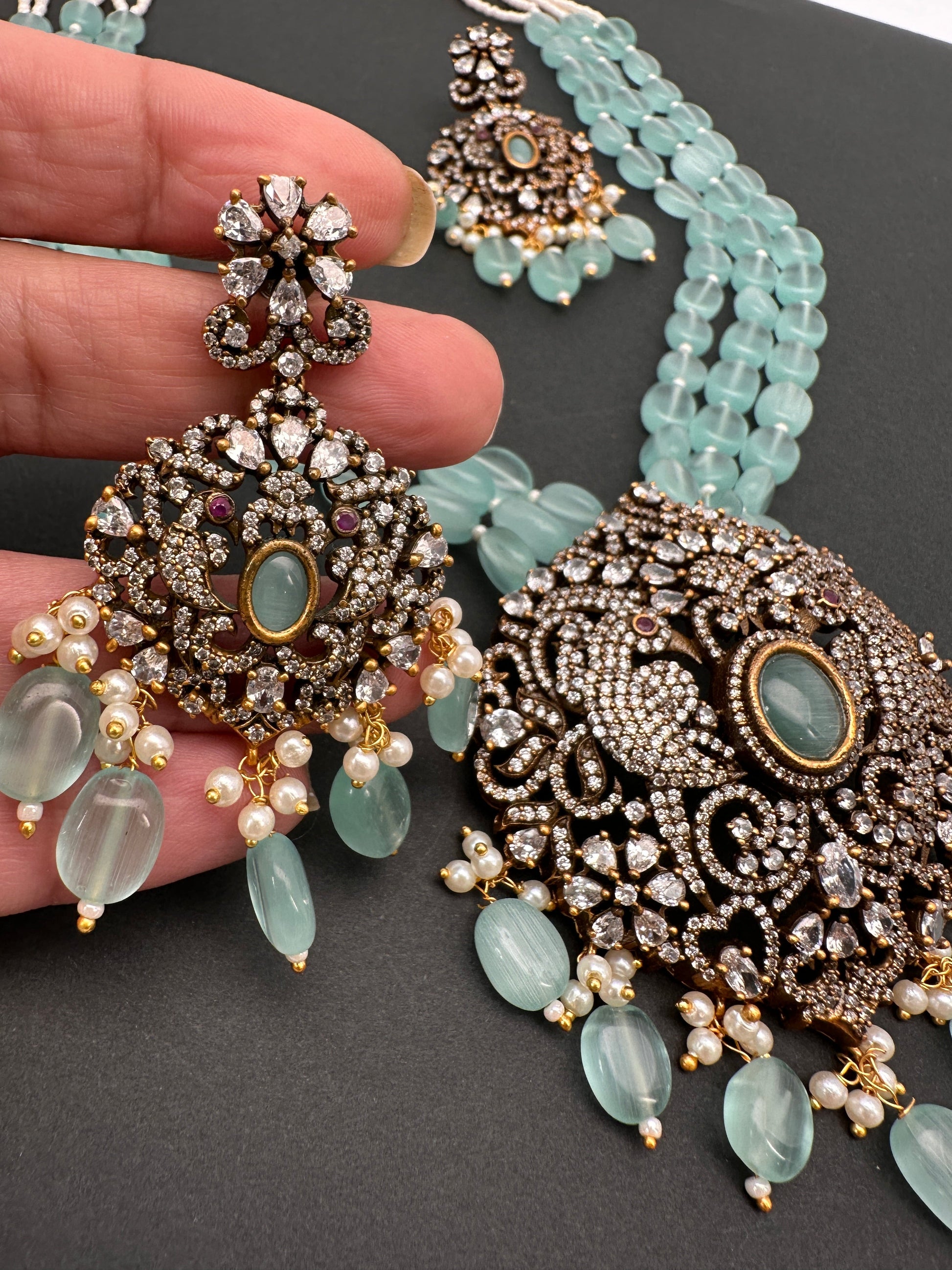 Polki Antique Victorian Finish Beads Rani haar - LightGreen