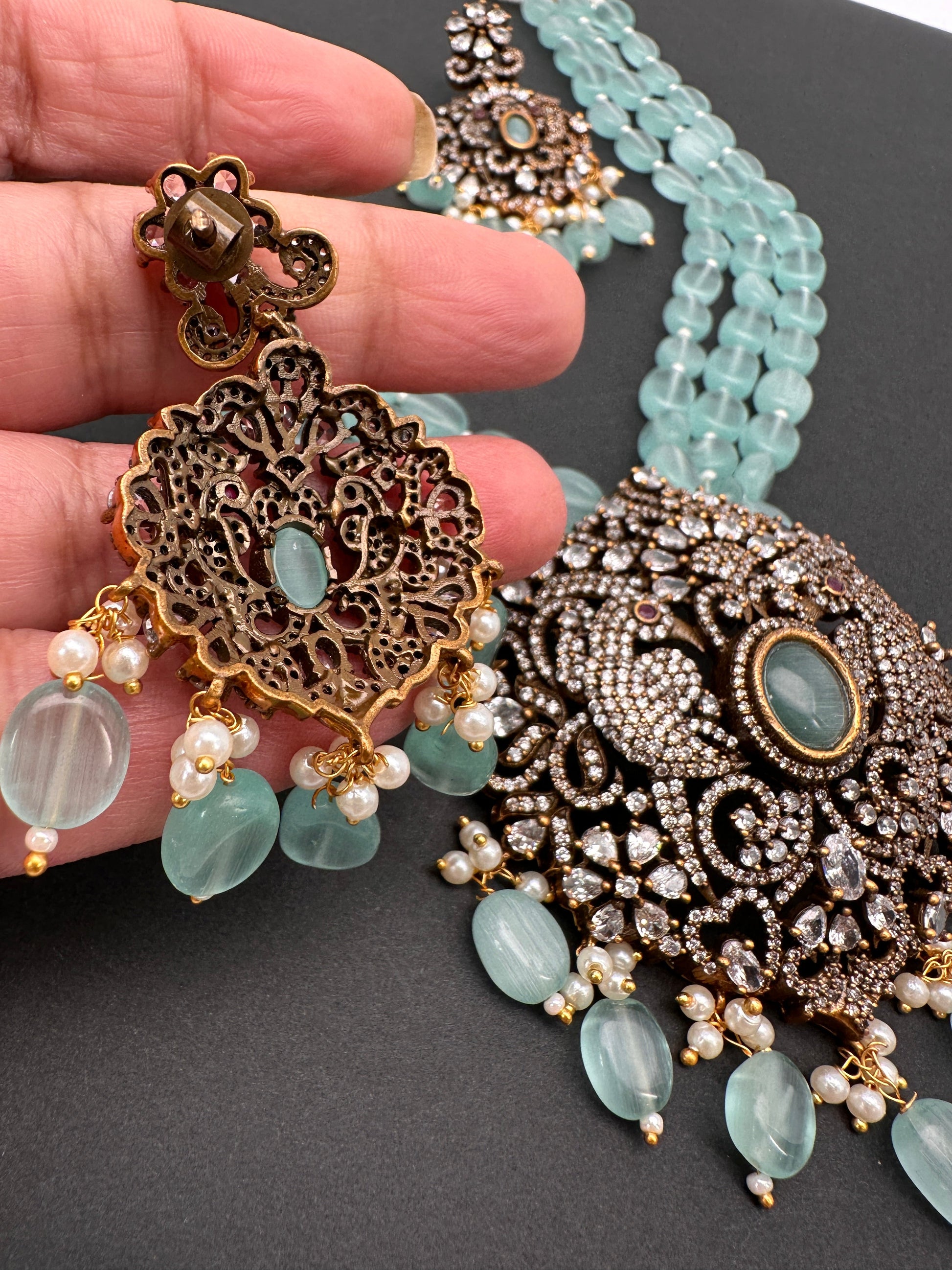Polki Antique Victorian Finish Beads Rani haar - LightGreen