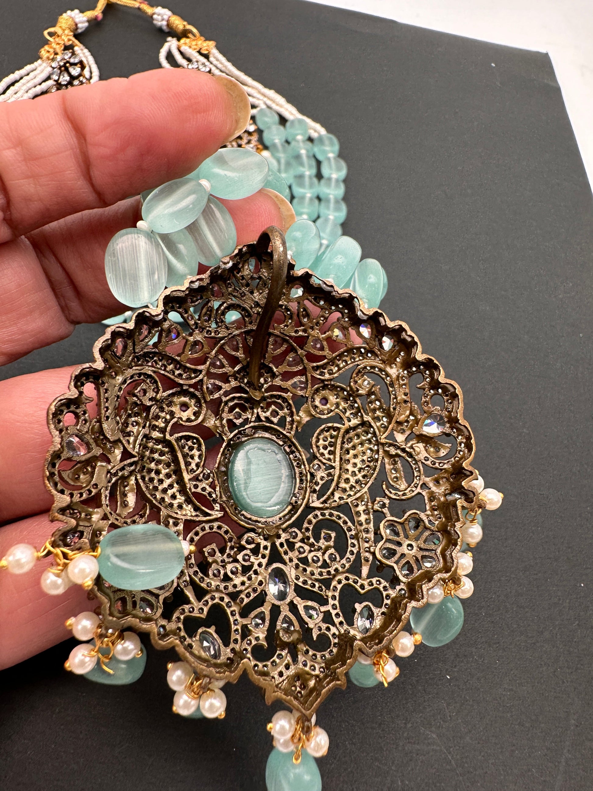 Polki Antique Victorian Finish Beads Rani haar - LightGreen