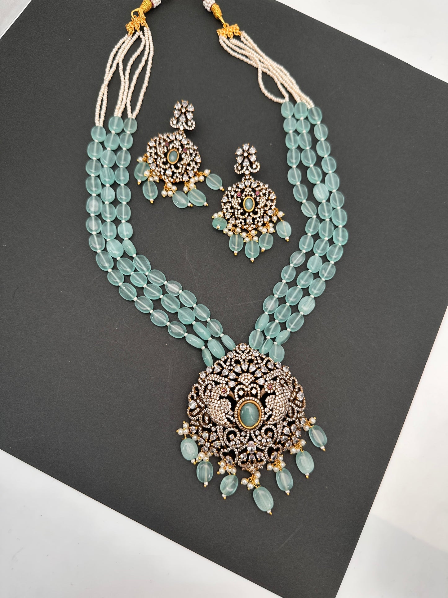 Polki Antique Victorian Finish Beads Rani haar - LightGreen