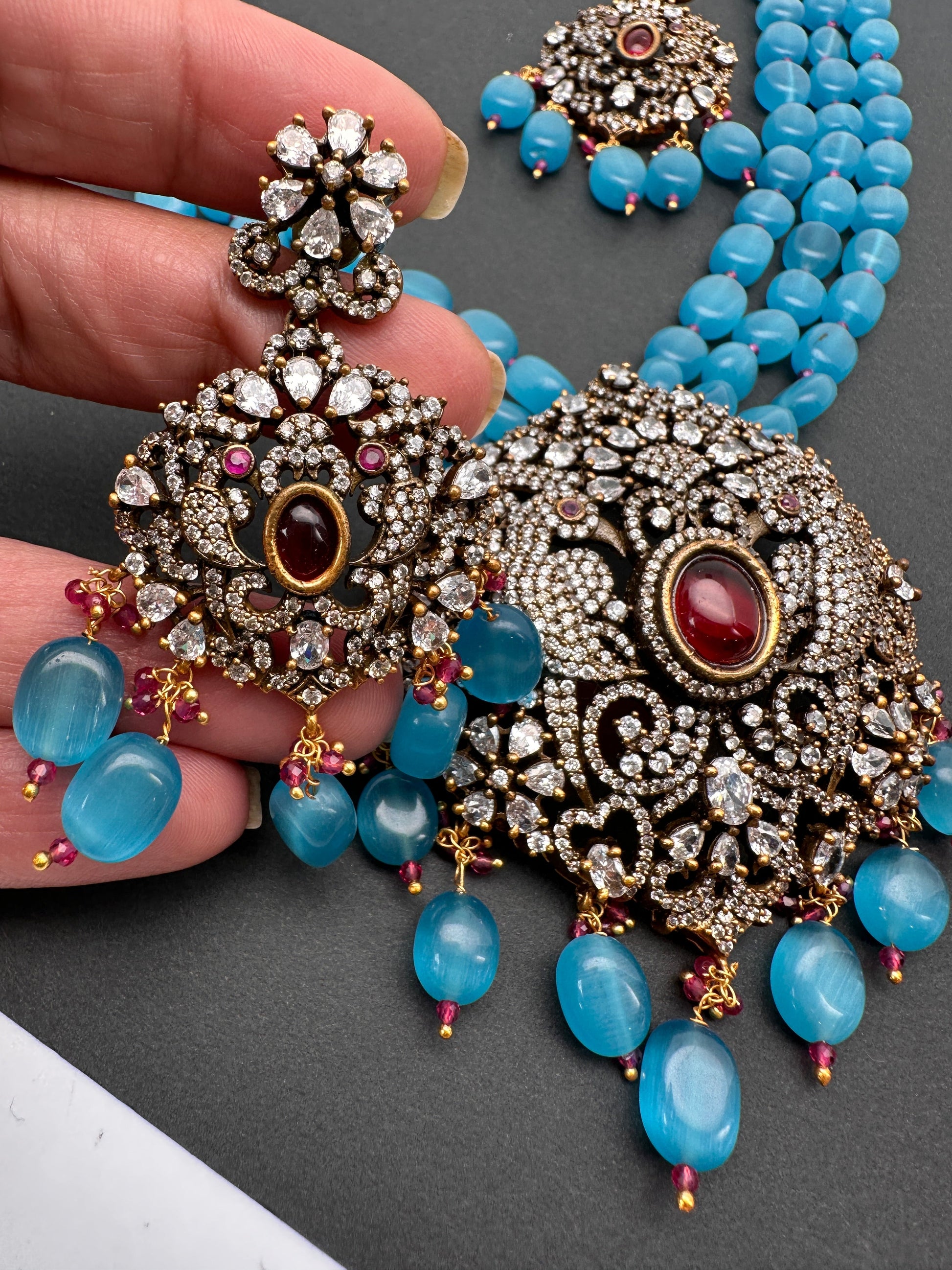 Polki Antique Victorian Finish Beads Rani haar - Red