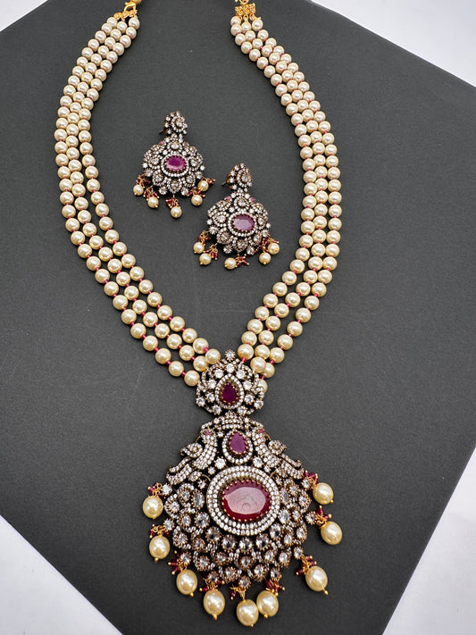 Polki Antique Victorian Finish Rani Haar - Red