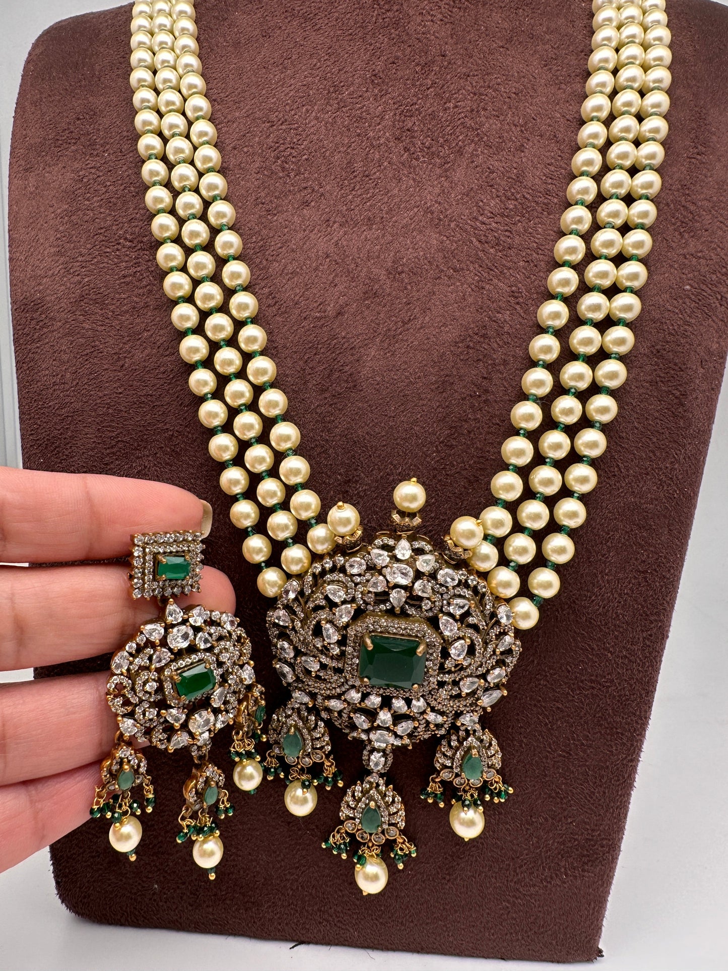 Polki Antique Victorian Finish Rani Haar - Green
