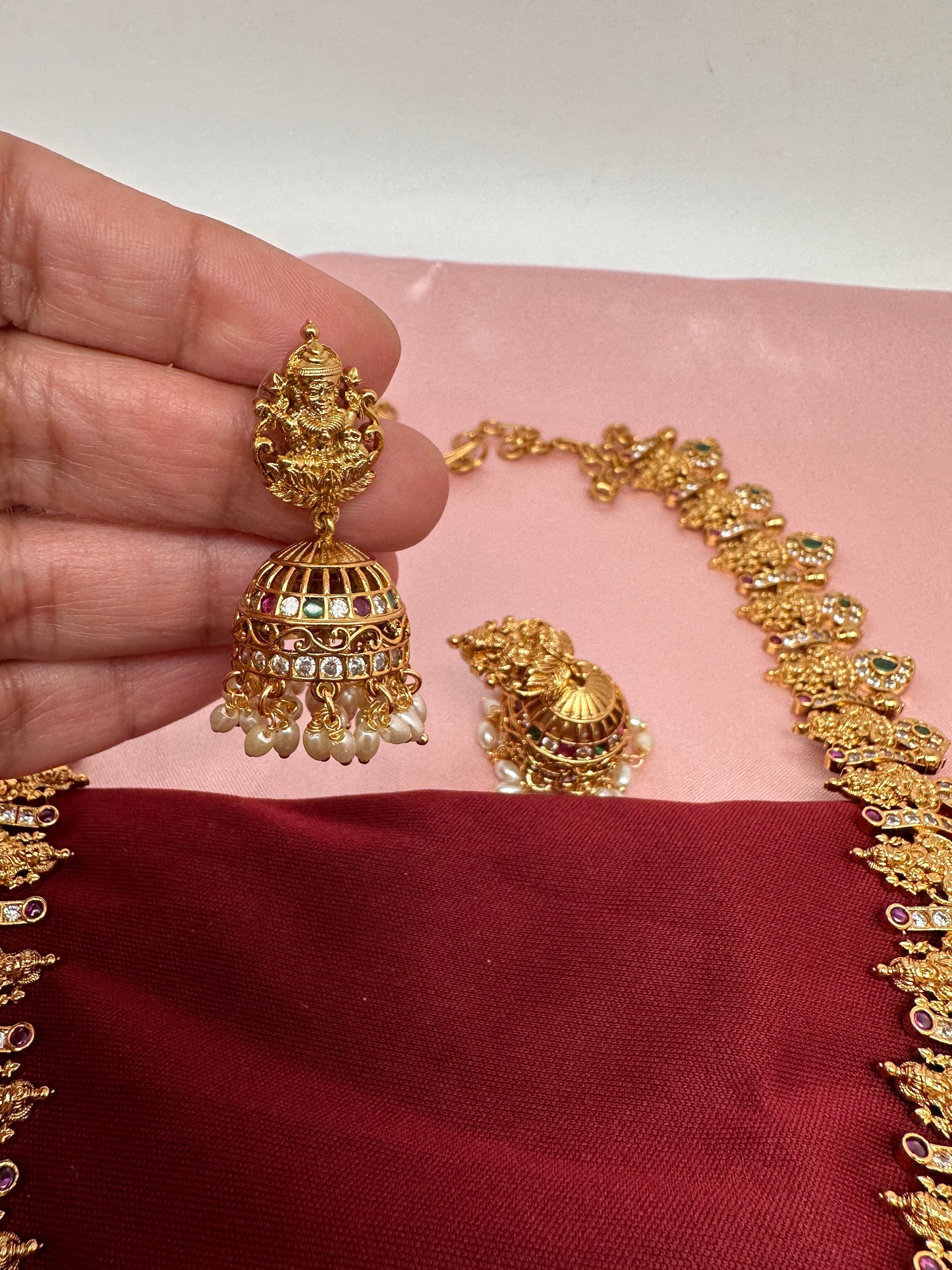 Goddess Lakshmi AD Red Green Stone Necklace